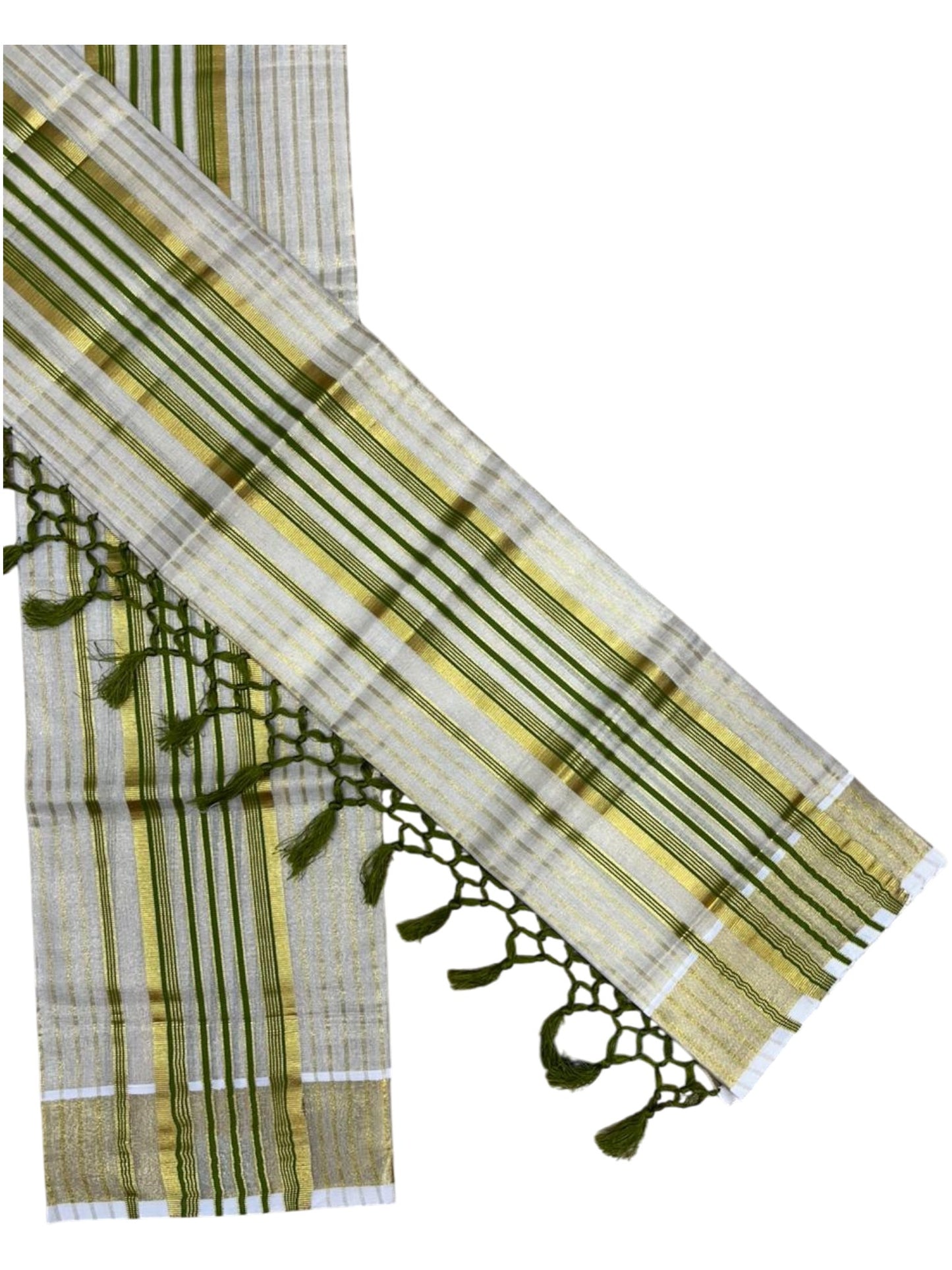 Southloom Tissue Set Mundu with Gold Kasavu and Stripes on Body in Olive Green 2.80 Mtrs SL493