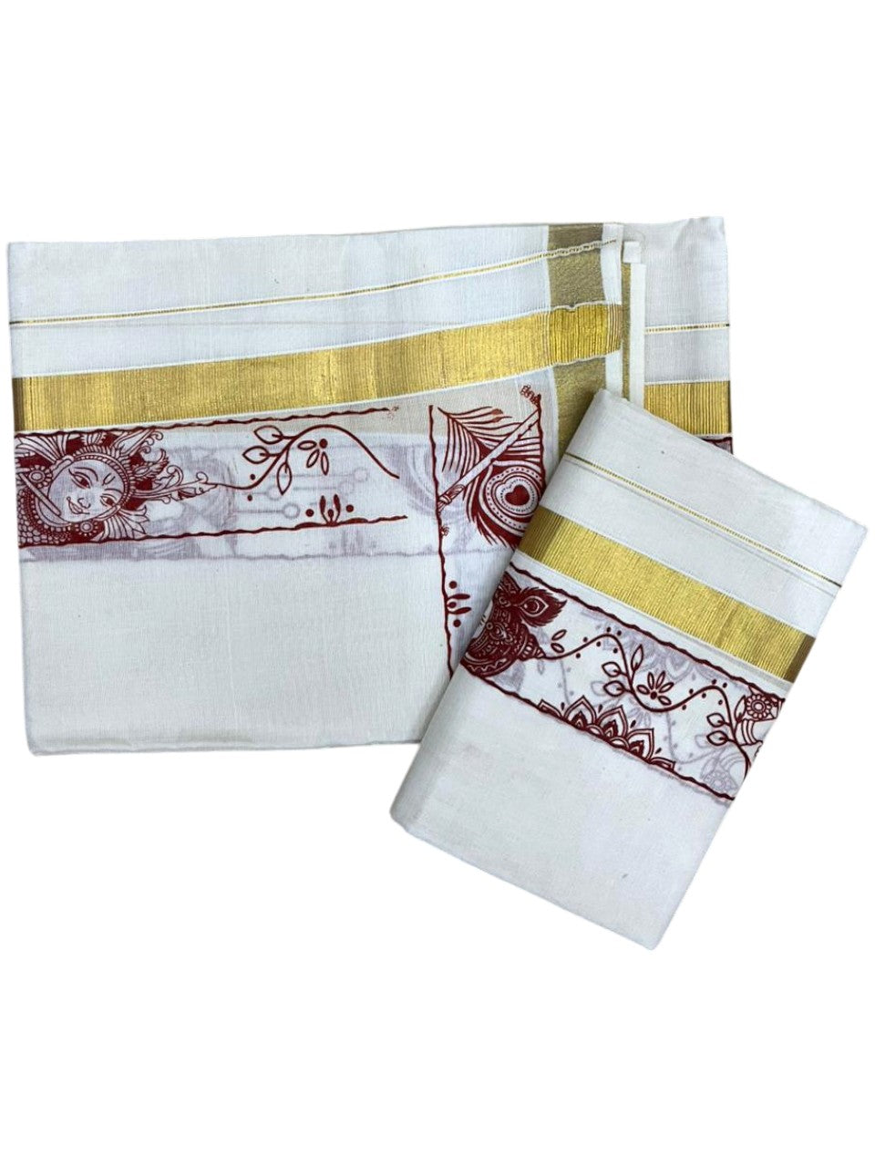 Southloom Kerala Cotton Single Set Mundu (Mundum Neriyathum) with Mural Digital Print And Gold Kasavu Border In Red 2.80 mtr SL486