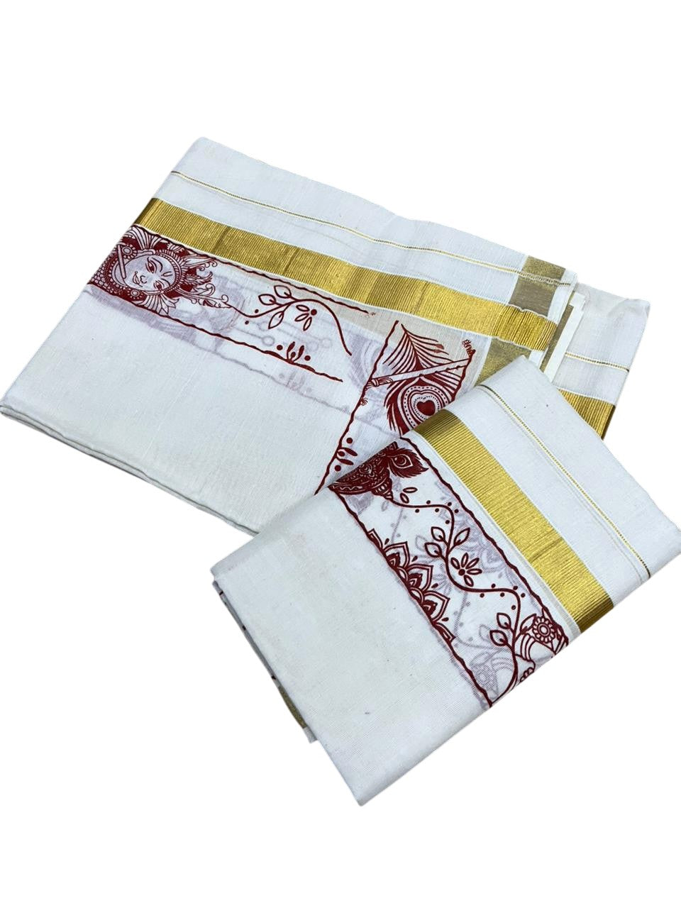 Southloom Kerala Cotton Single Set Mundu (Mundum Neriyathum) with Mural Digital Print And Gold Kasavu Border In Red 2.80 mtr SL486