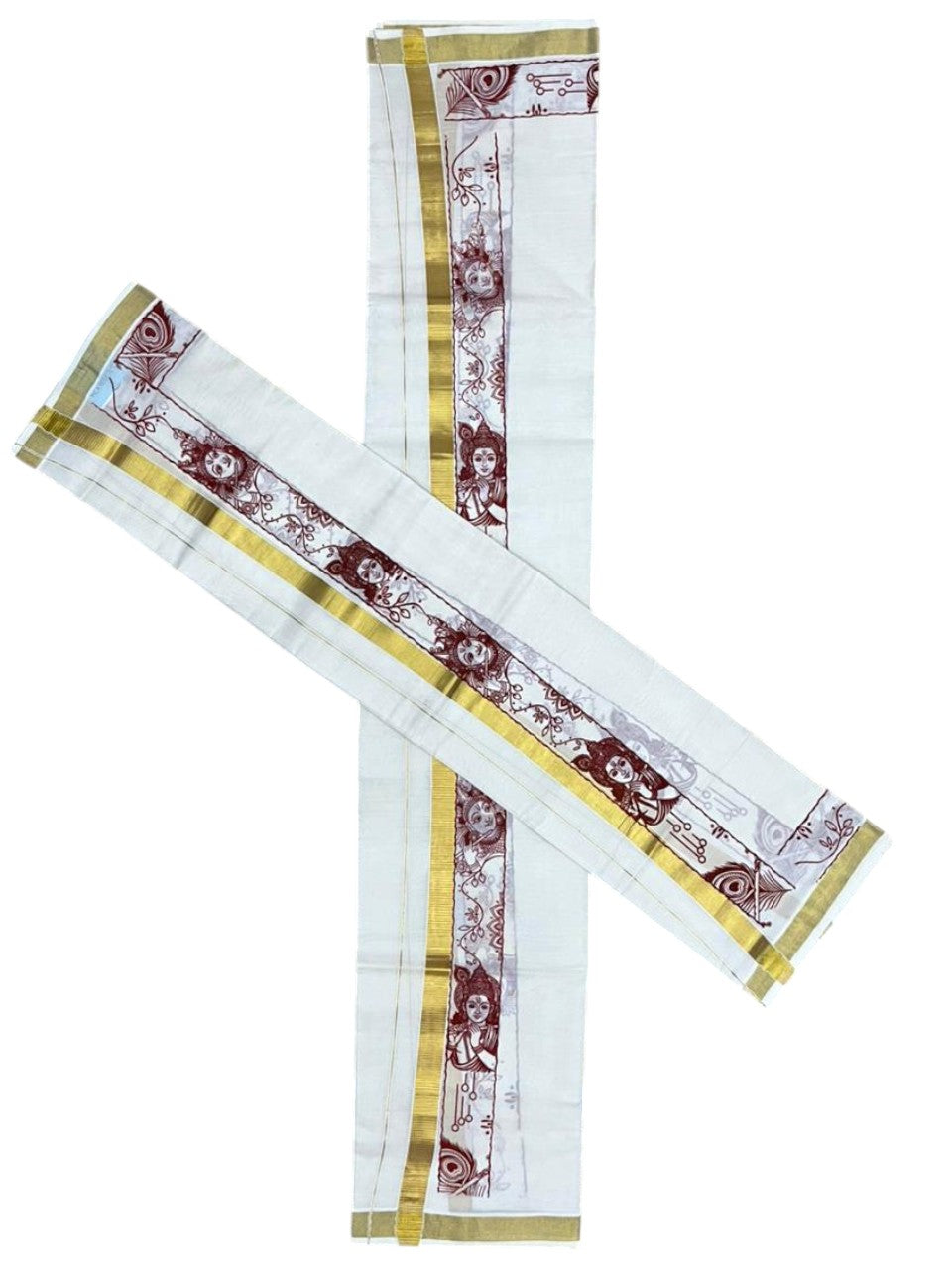 Southloom Kerala Cotton Single Set Mundu (Mundum Neriyathum) with Mural Digital Print And Gold Kasavu Border In Red 2.80 mtr SL486