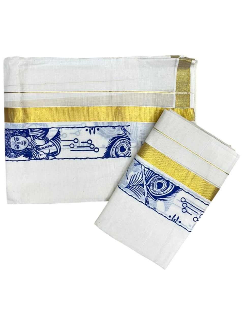 Southloom Kerala Cotton Single Set Mundu (Mundum Neriyathum) with Mural Digital Print And Gold Kasavu Border In Blue 2.80 mtr SL486