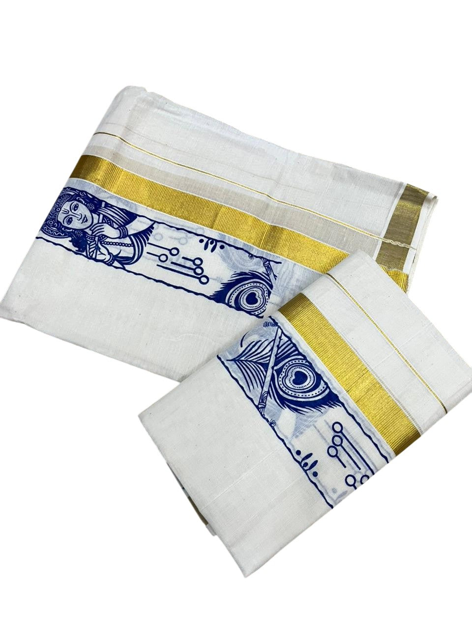 Southloom Kerala Cotton Single Set Mundu (Mundum Neriyathum) with Mural Digital Print And Gold Kasavu Border In Blue 2.80 mtr SL486