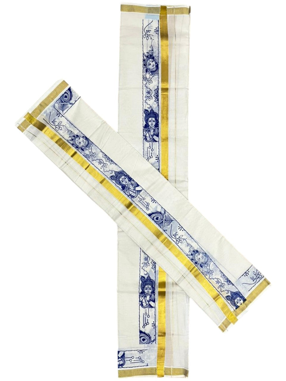 Southloom Kerala Cotton Single Set Mundu (Mundum Neriyathum) with Mural Digital Print And Gold Kasavu Border In Blue 2.80 mtr SL486