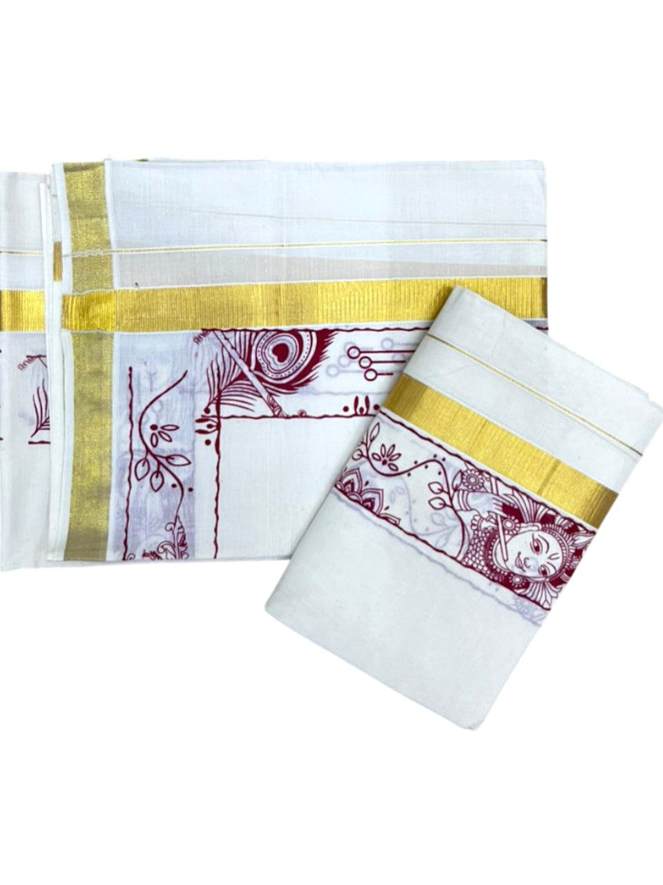 Southloom Kerala Cotton Single Set Mundu (Mundum Neriyathum) with Mural Digital Print And Gold Kasavu Border In Maroon 2.80 mtr SL486