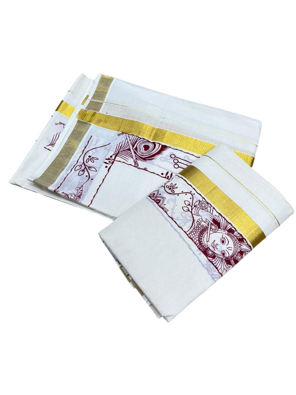 Southloom Kerala Cotton Single Set Mundu (Mundum Neriyathum) with Mural Digital Print And Gold Kasavu Border In Maroon 2.80 mtr SL486