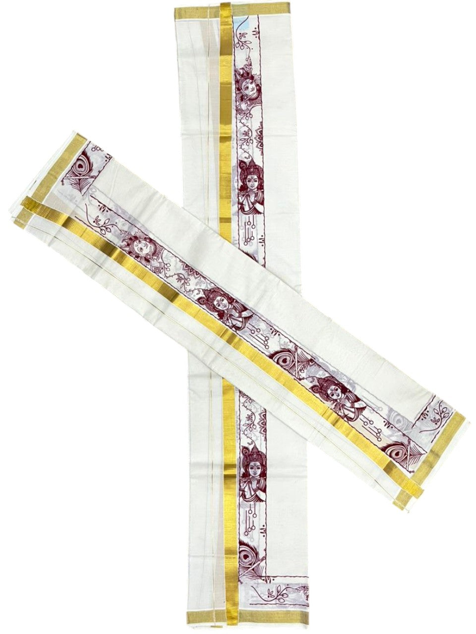 Southloom Kerala Cotton Single Set Mundu (Mundum Neriyathum) with Mural Digital Print And Gold Kasavu Border In Maroon 2.80 mtr SL486
