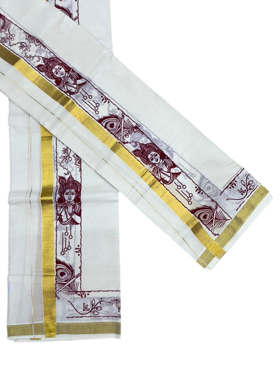 Southloom Kerala Cotton Single Set Mundu (Mundum Neriyathum) with Mural Digital Print And Gold Kasavu Border In Maroon 2.80 mtr SL486