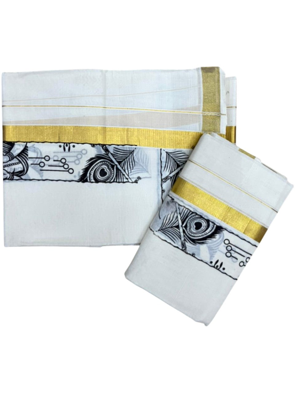 Southloom Kerala Cotton Single Set Mundu (Mundum Neriyathum) with Mural Digital Print And Gold Kasavu Border In Black 2.80 mtr SL486