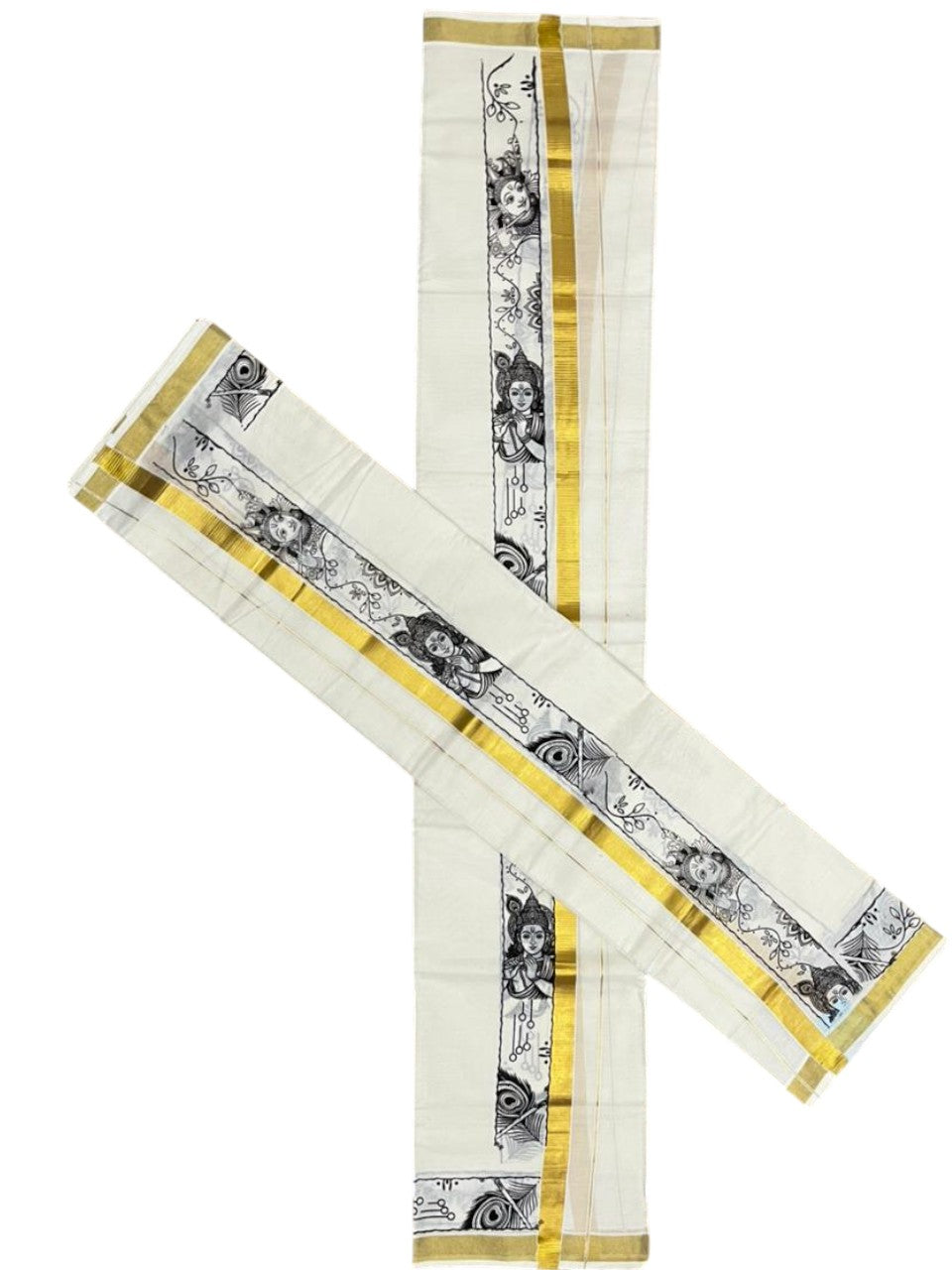 Southloom Kerala Cotton Single Set Mundu (Mundum Neriyathum) with Mural Digital Print And Gold Kasavu Border In Black 2.80 mtr SL486