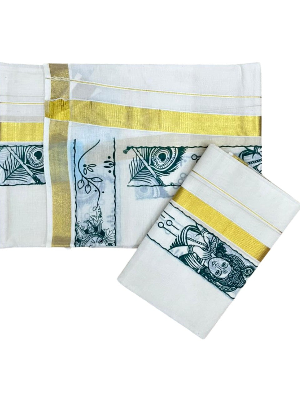Southloom Kerala Cotton Single Set Mundu (Mundum Neriyathum) with Mural Digital Print And Gold Kasavu Border In Green 2.80 mtr SL486