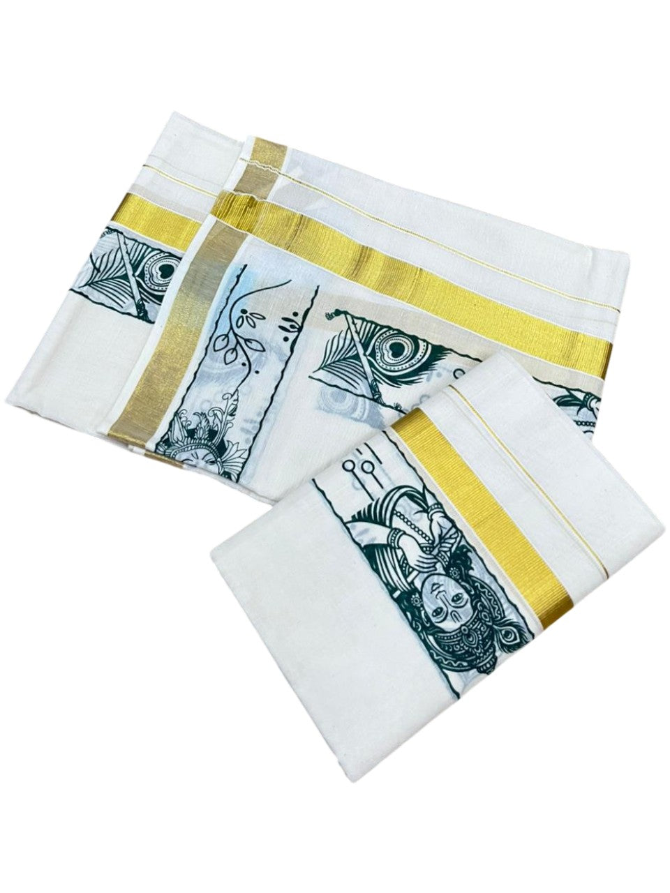 Southloom Kerala Cotton Single Set Mundu (Mundum Neriyathum) with Mural Digital Print And Gold Kasavu Border In Green 2.80 mtr SL486
