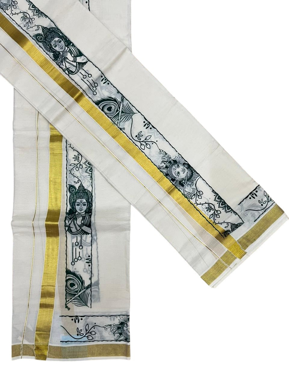 Southloom Kerala Cotton Single Set Mundu (Mundum Neriyathum) with Mural Digital Print And Gold Kasavu Border In Green 2.80 mtr SL486