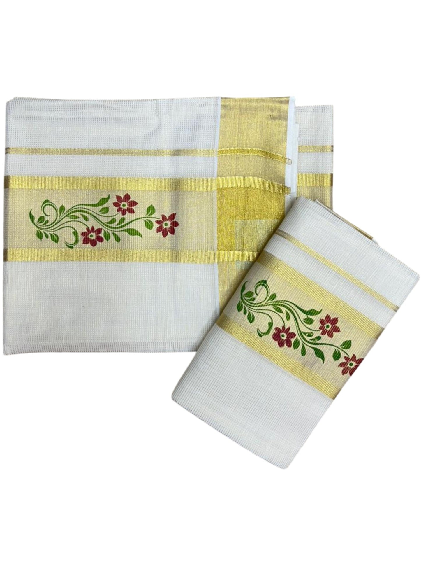 Southloom Pure Cotton Set Mundu with Gold Kasavu and Micro Stripes Across Body with Floral Print in Red and Green 2.80 Mtrs SL405