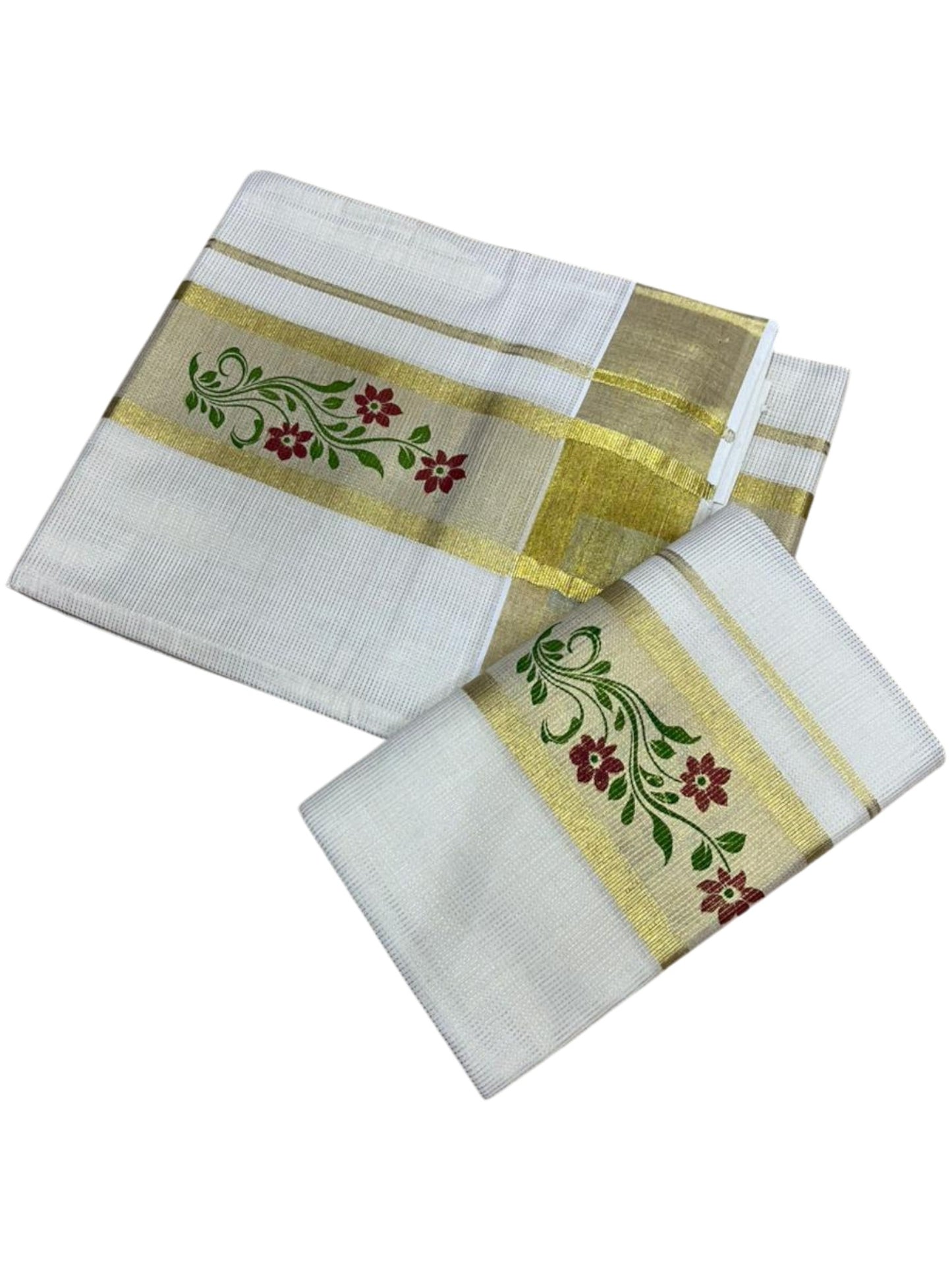 Southloom Pure Cotton Set Mundu with Gold Kasavu and Micro Stripes Across Body with Floral Print in Red and Green 2.80 Mtrs SL405