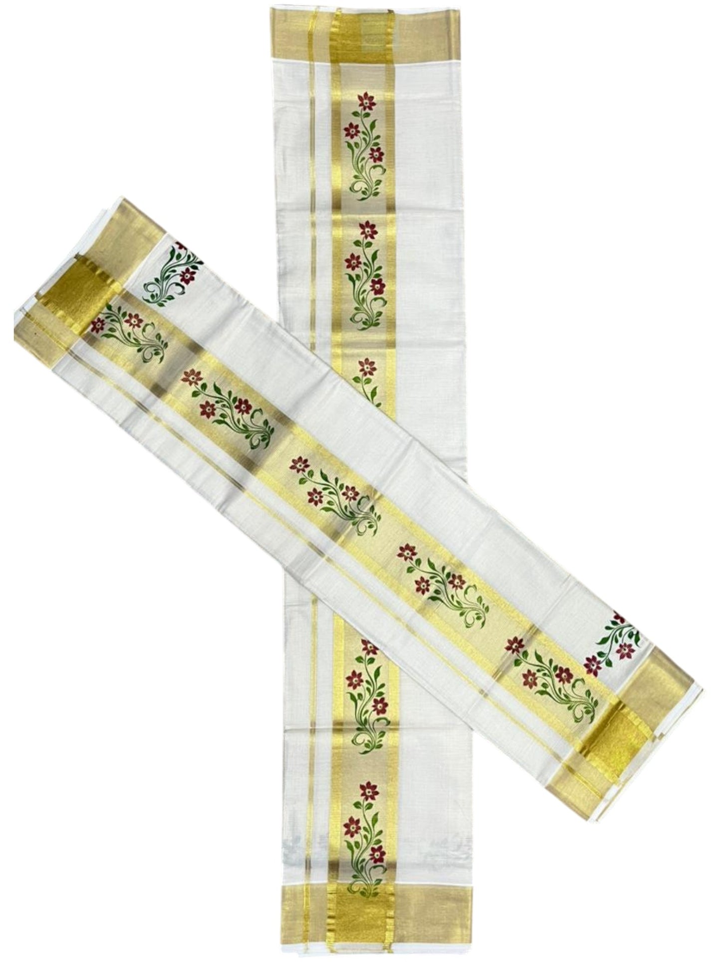 Southloom Pure Cotton Set Mundu with Gold Kasavu and Micro Stripes Across Body with Floral Print in Red and Green 2.80 Mtrs SL405