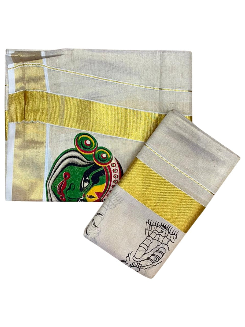 Southloom Kerala Tissue Set Mundu (Mundum Neriyathum) with Kadhakali Printed Design SL494