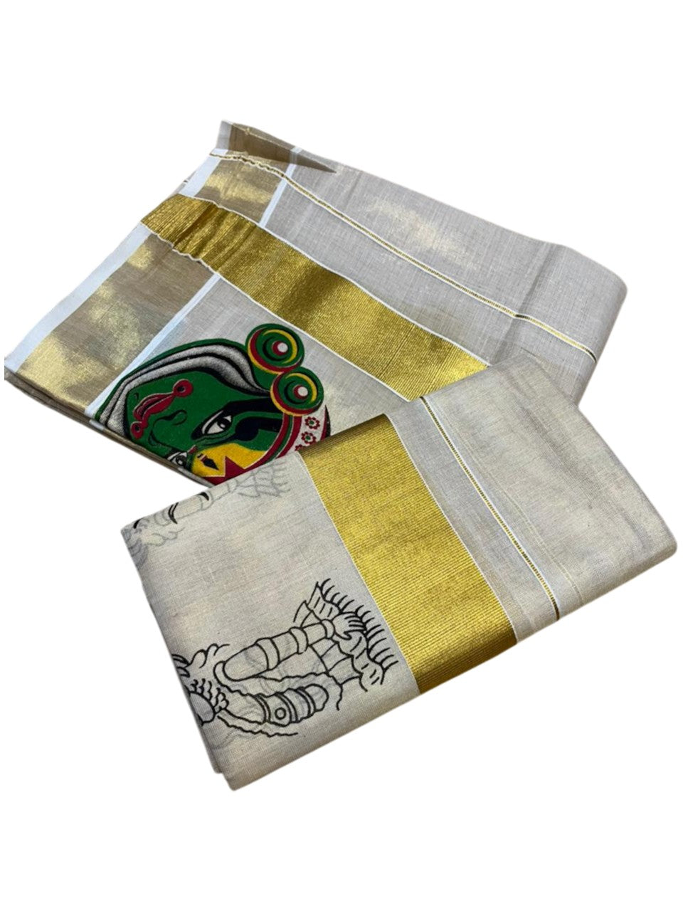 Southloom Kerala Tissue Set Mundu (Mundum Neriyathum) with Kadhakali Printed Design SL494