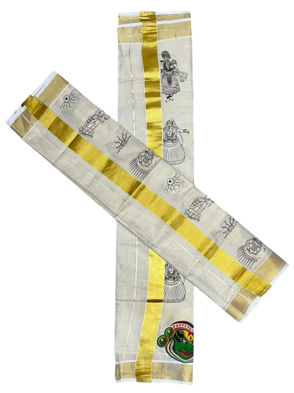 Southloom Kerala Tissue Set Mundu (Mundum Neriyathum) with Kadhakali Printed Design SL494