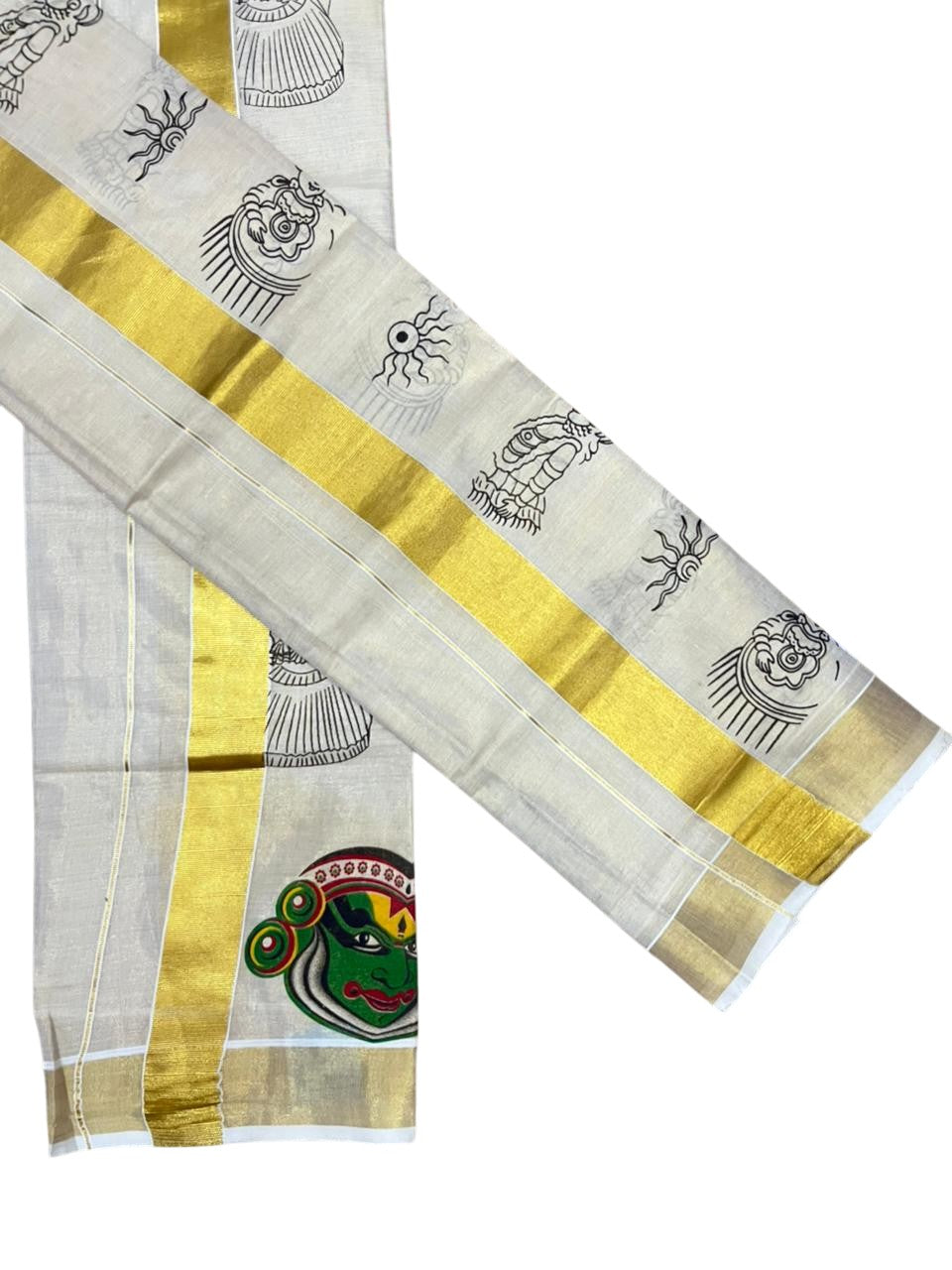 Southloom Kerala Tissue Set Mundu (Mundum Neriyathum) with Kadhakali Printed Design SL494
