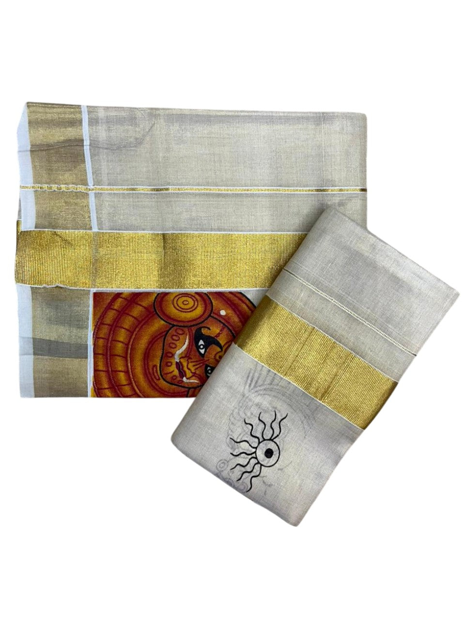 Southloom Kerala Tissue  Set Mundu (Mundum Neriyathum) with Theyyam Printed Design SL494