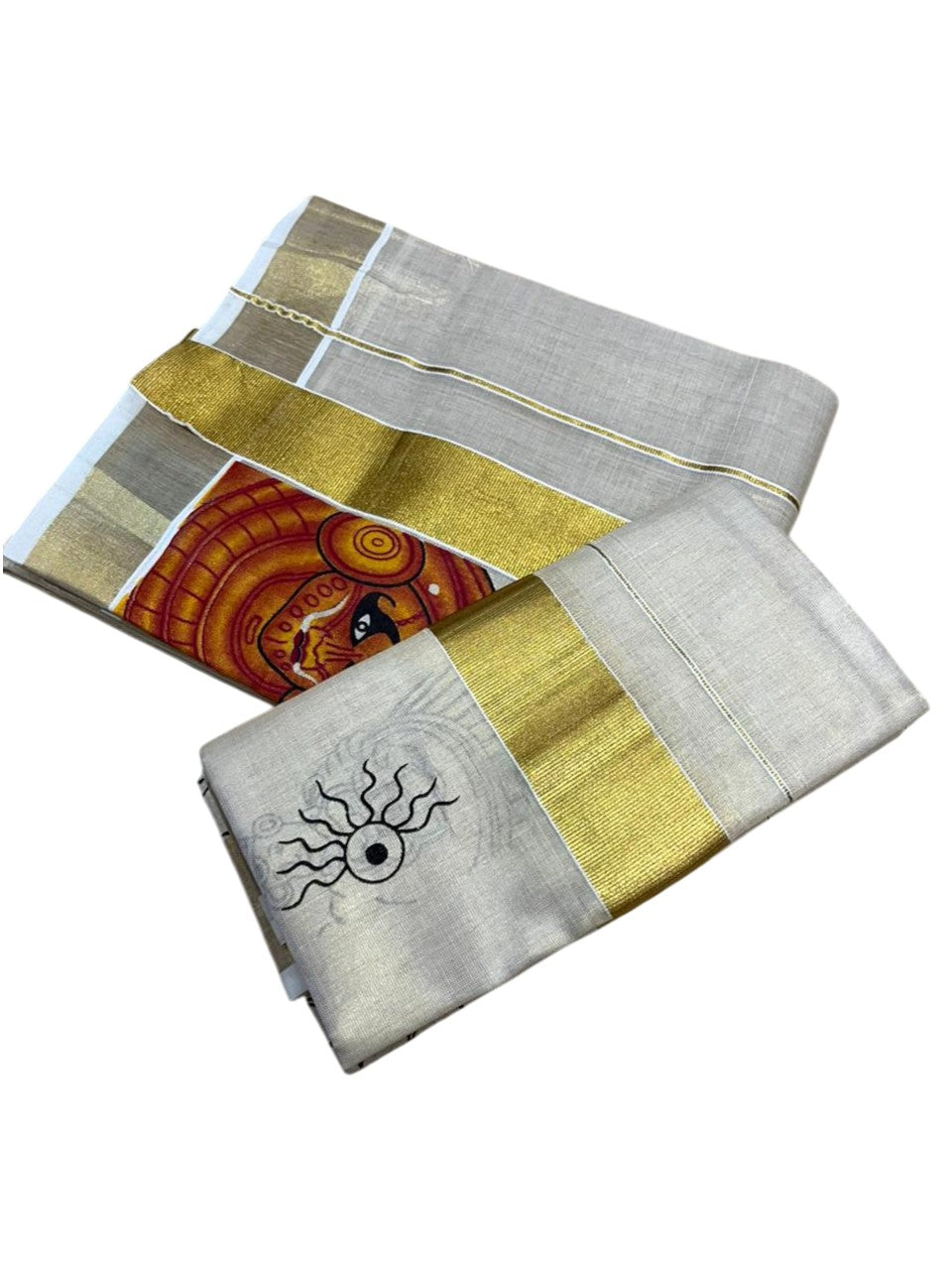 Southloom Kerala Tissue  Set Mundu (Mundum Neriyathum) with Theyyam Printed Design SL494