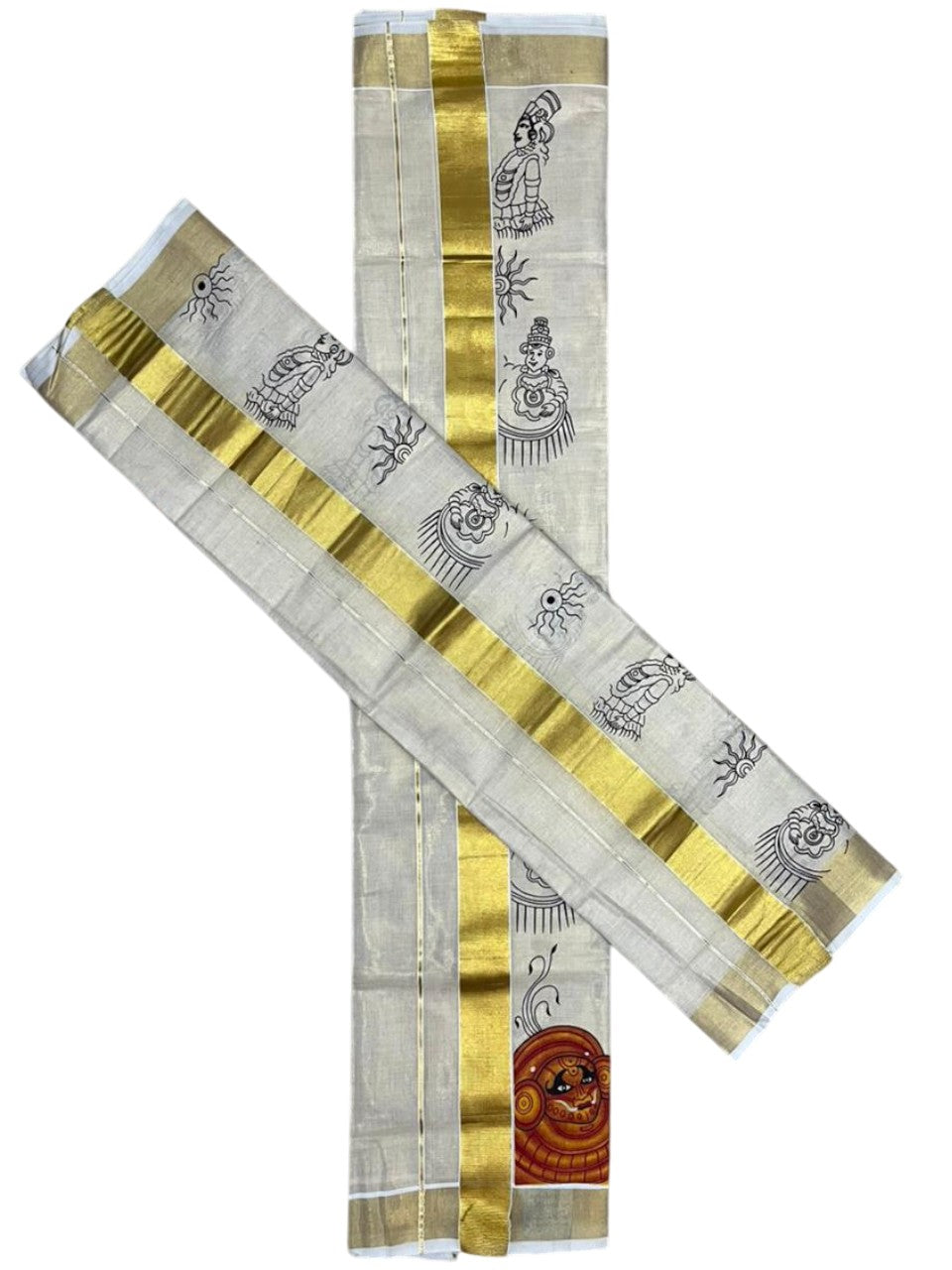 Southloom Kerala Tissue  Set Mundu (Mundum Neriyathum) with Theyyam Printed Design SL494