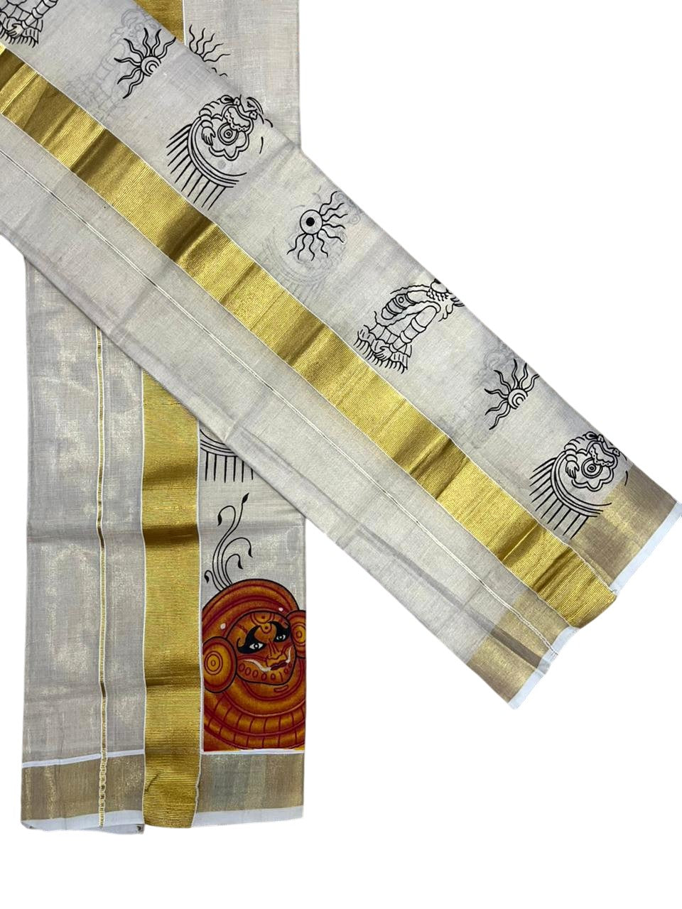 Southloom Kerala Tissue  Set Mundu (Mundum Neriyathum) with Theyyam Printed Design SL494