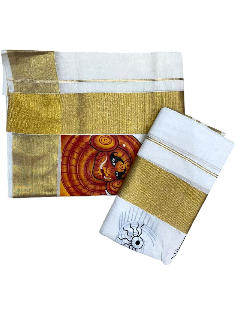 Southloom Kerala Cotton Set Mundu (Mundum Neriyathum) with Theyyam Printed Design SL494