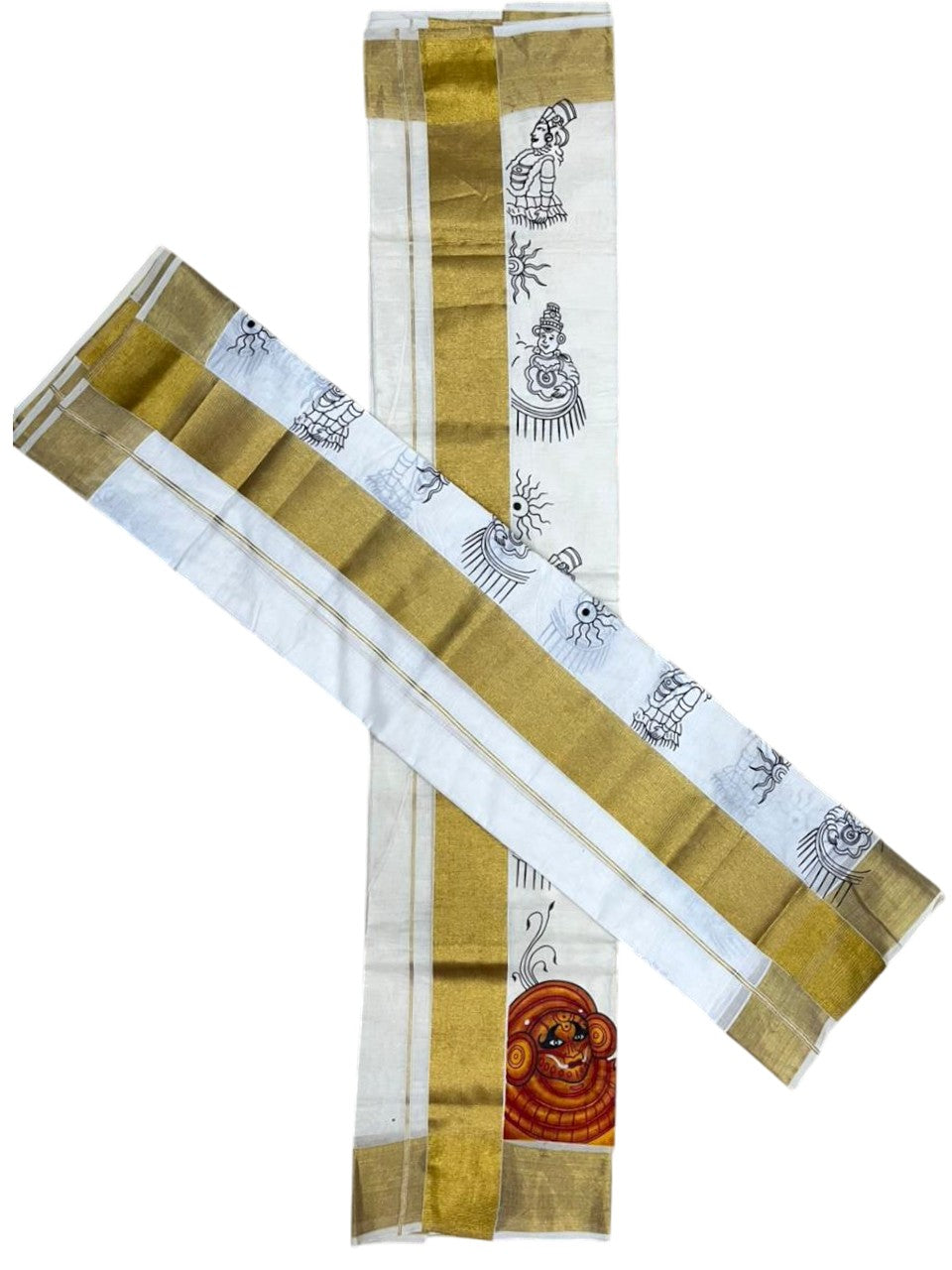 Southloom Kerala Cotton Set Mundu (Mundum Neriyathum) with Theyyam Printed Design SL494