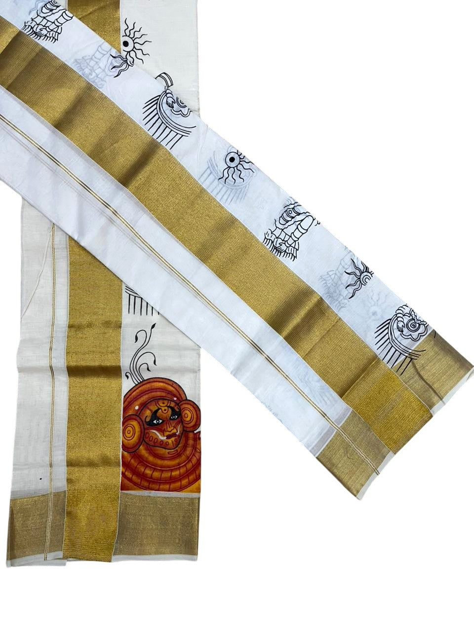 Southloom Kerala Cotton Set Mundu (Mundum Neriyathum) with Theyyam Printed Design SL494