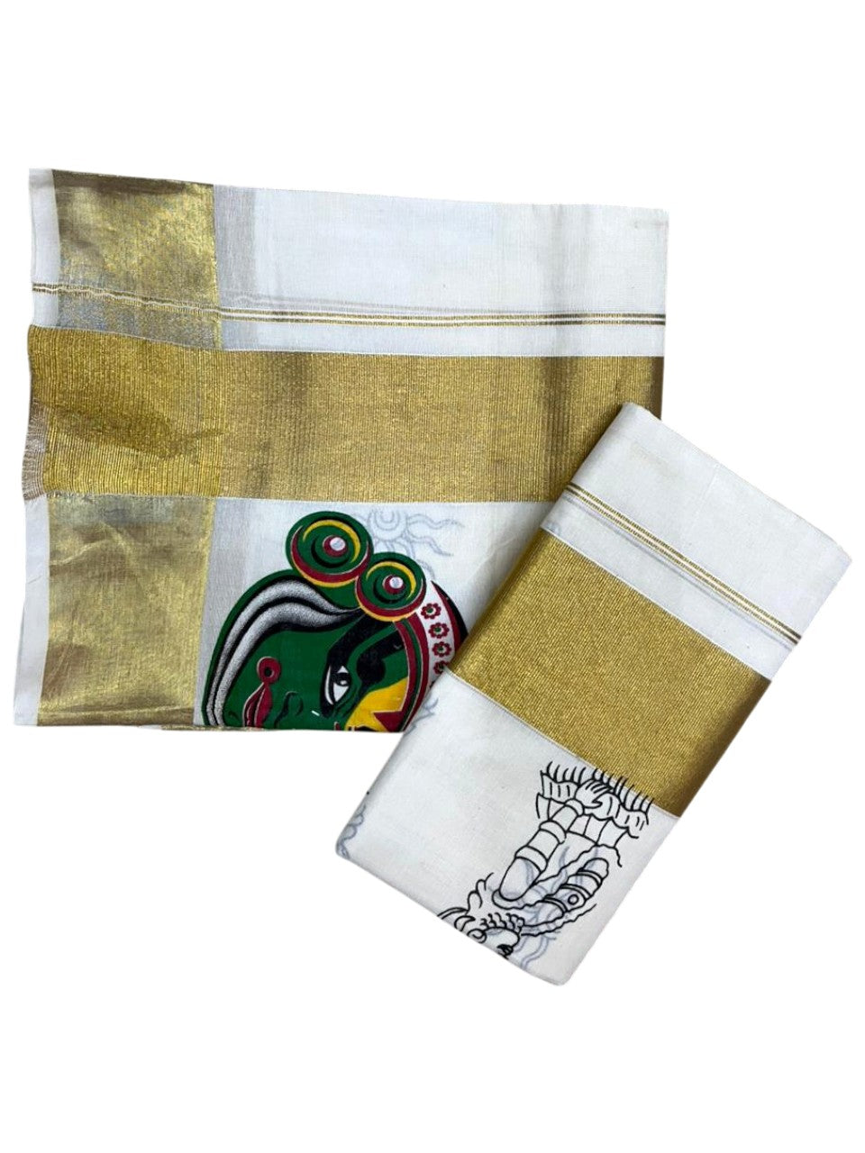 Southloom Kerala Cotton Set Mundu (Mundum Neriyathum) with Kadhakali  Printed Design SL494