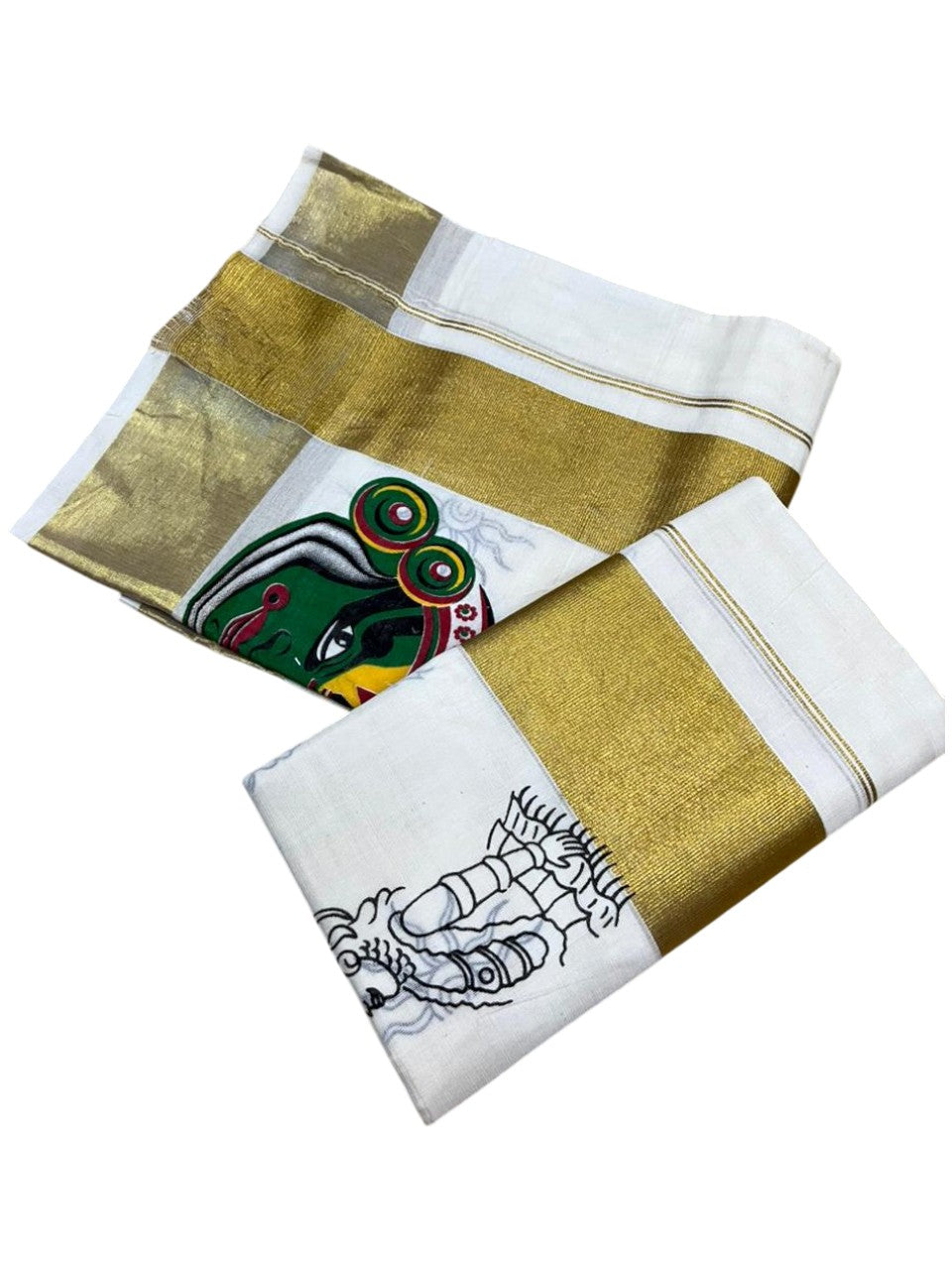 Southloom Kerala Cotton Set Mundu (Mundum Neriyathum) with Kadhakali  Printed Design SL494