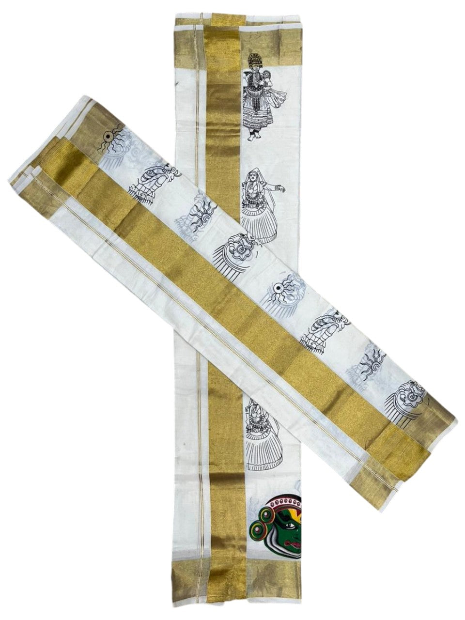 Southloom Kerala Cotton Set Mundu (Mundum Neriyathum) with Kadhakali  Printed Design SL494