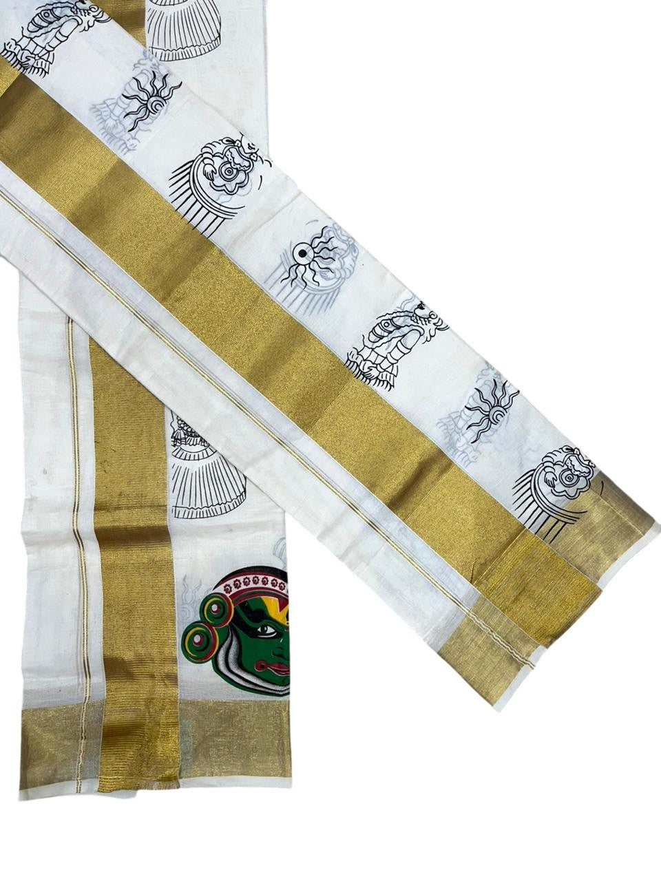 Southloom Kerala Cotton Set Mundu (Mundum Neriyathum) with Kadhakali  Printed Design SL494