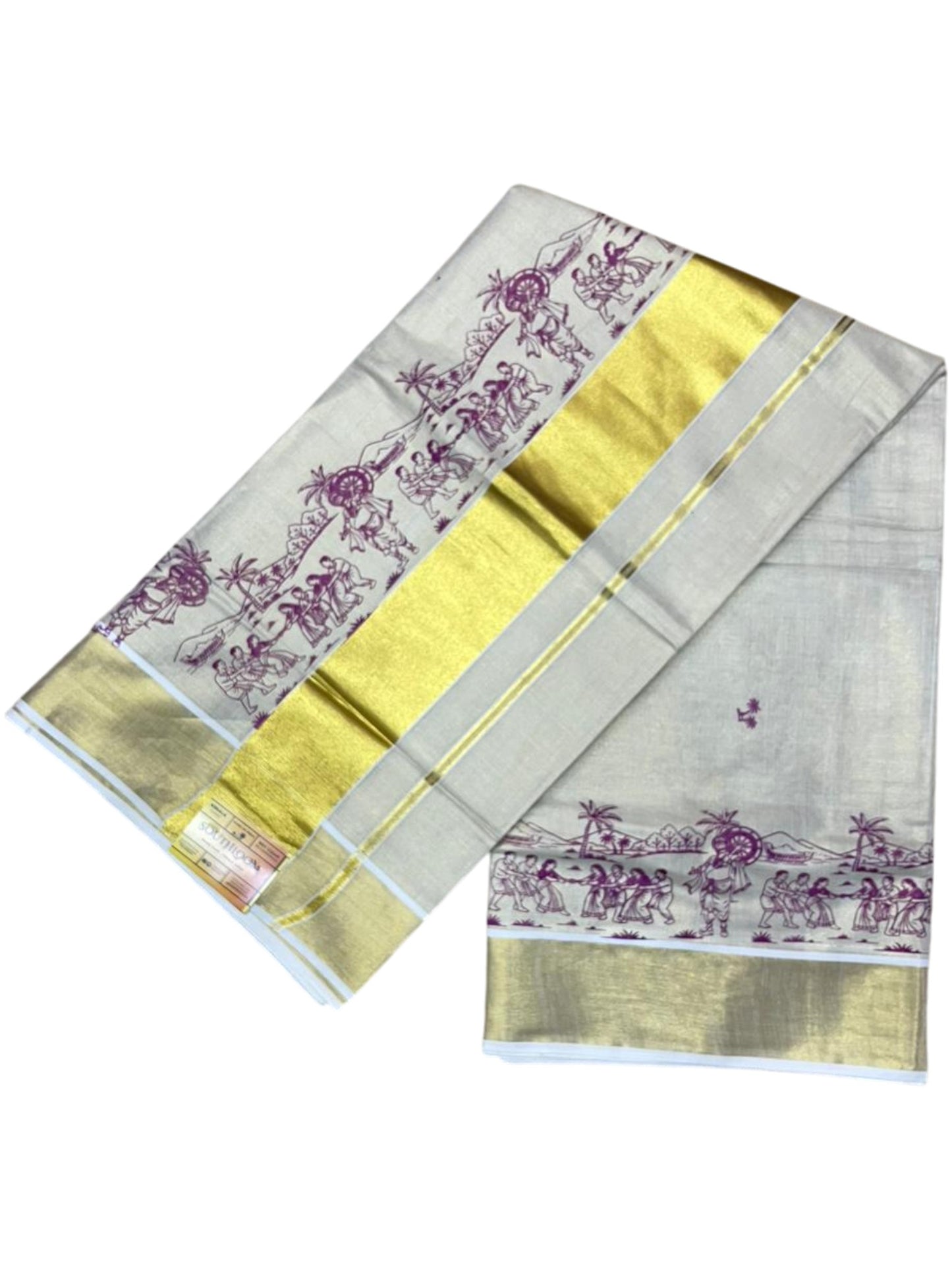 Southloom Tissue Kerala Kasavu Saree with Onam Digital Print on Body and Border in Purple SL495