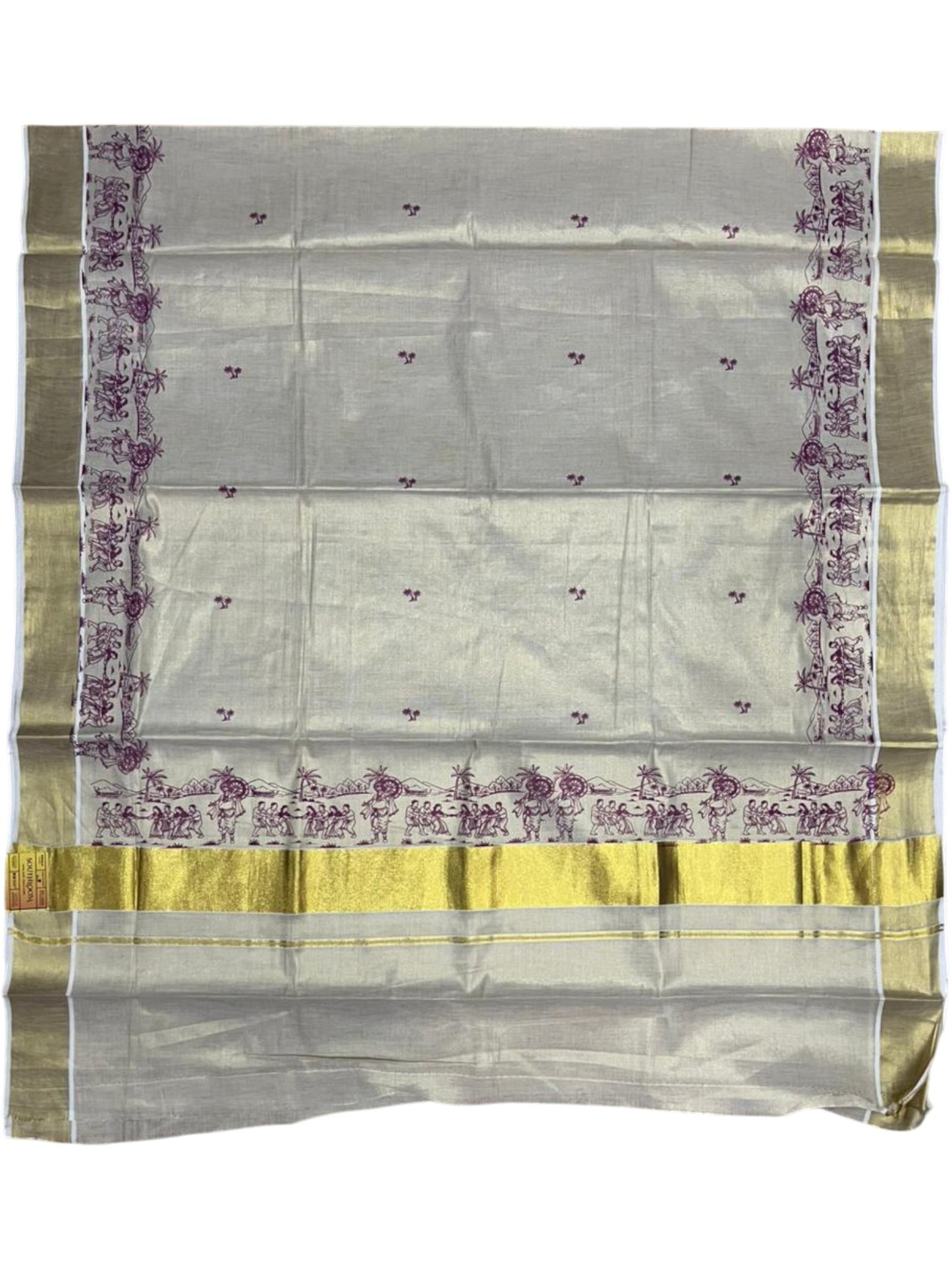 Southloom Tissue Kerala Kasavu Saree with Onam Digital Print on Body and Border in Purple SL495