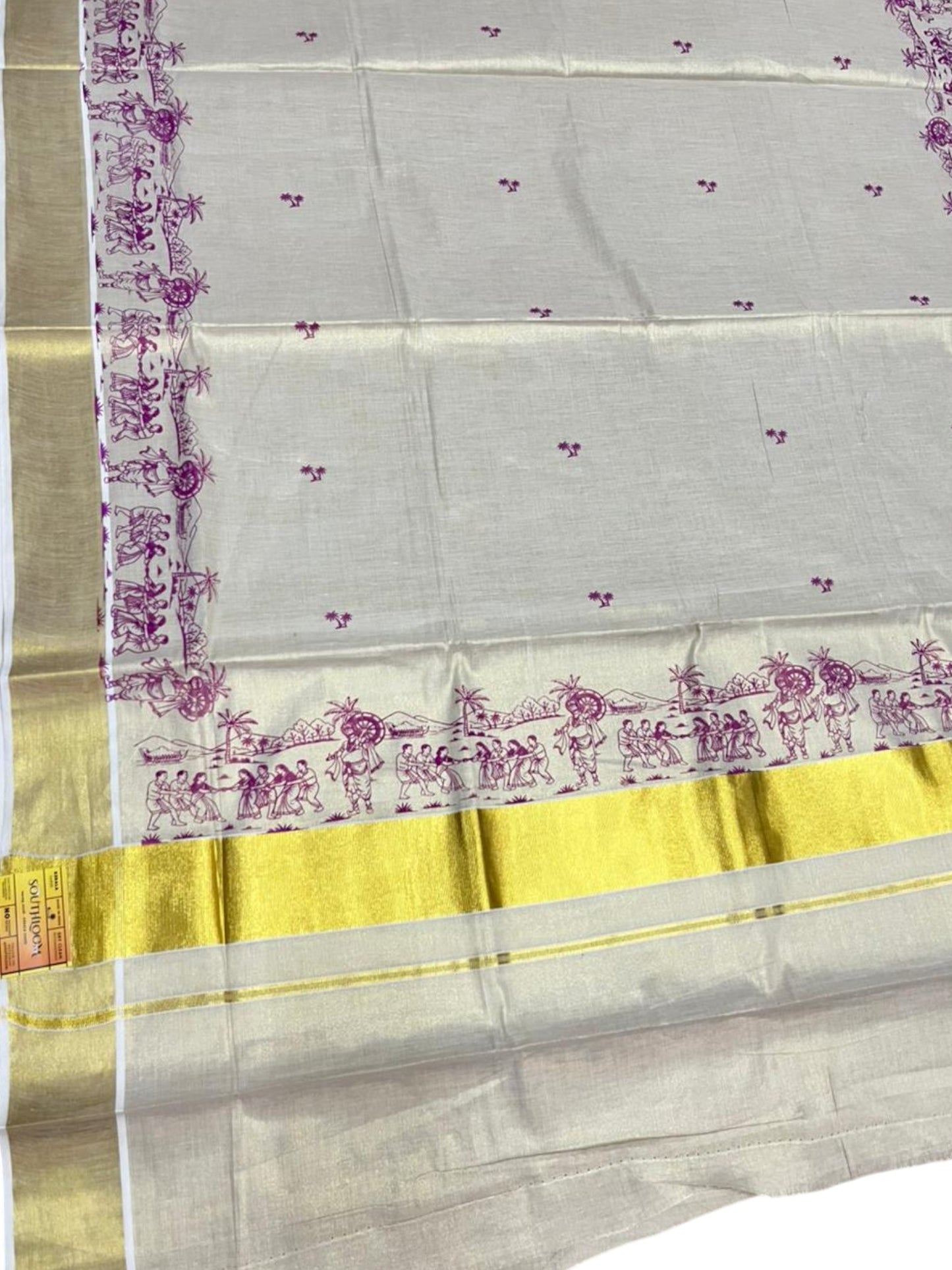 Southloom Tissue Kerala Kasavu Saree with Onam Digital Print on Body and Border in Purple SL495
