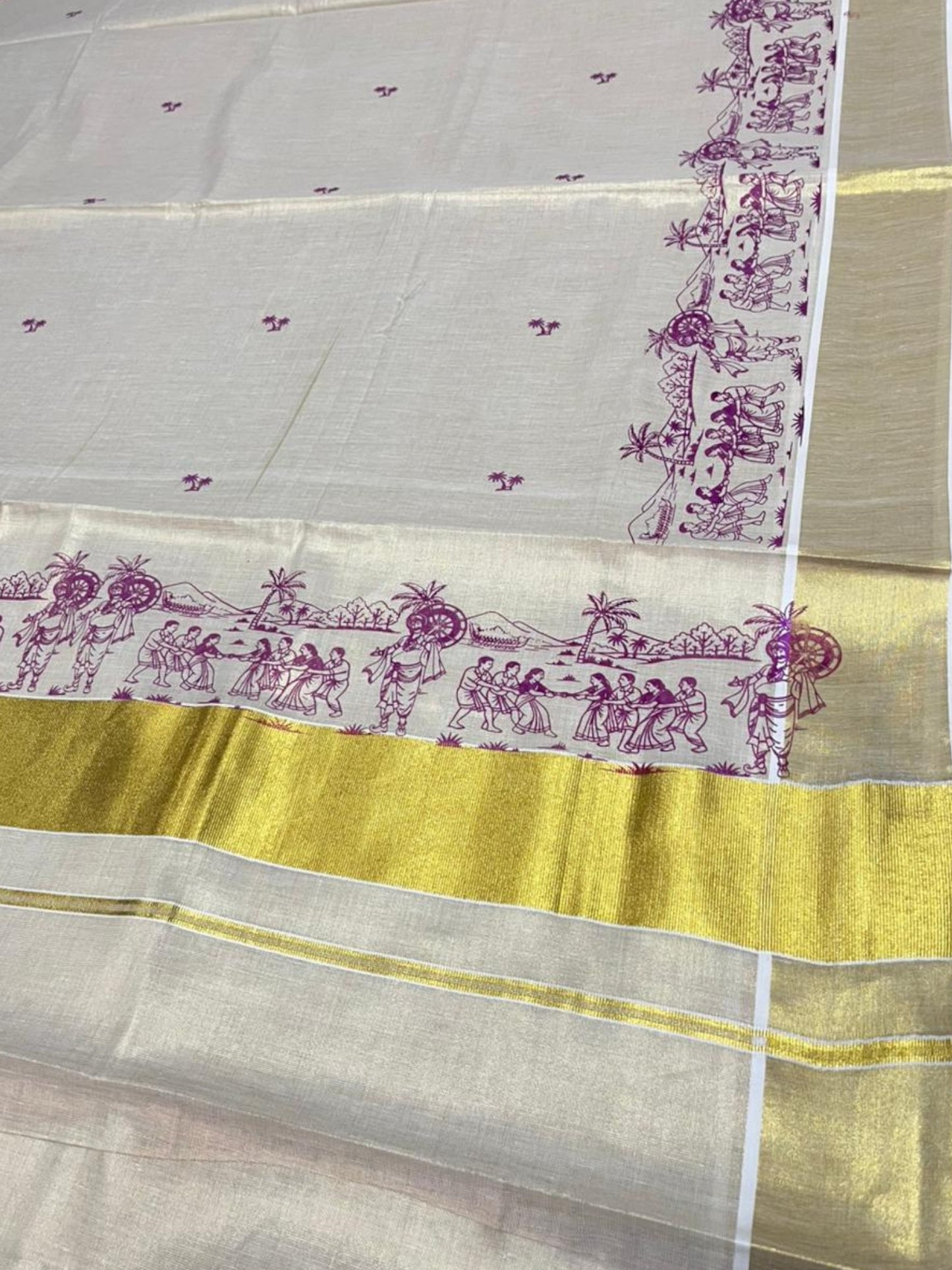 Southloom Tissue Kerala Kasavu Saree with Onam Digital Print on Body and Border in Purple SL495