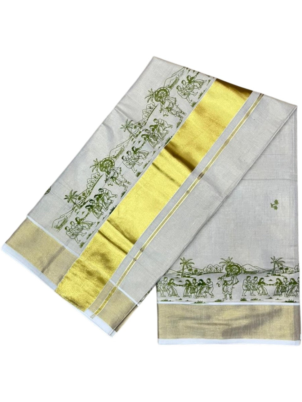 Southloom Tissue Kerala Kasavu Saree with Onam Digital Print on Body and Border in Olive Green SL495