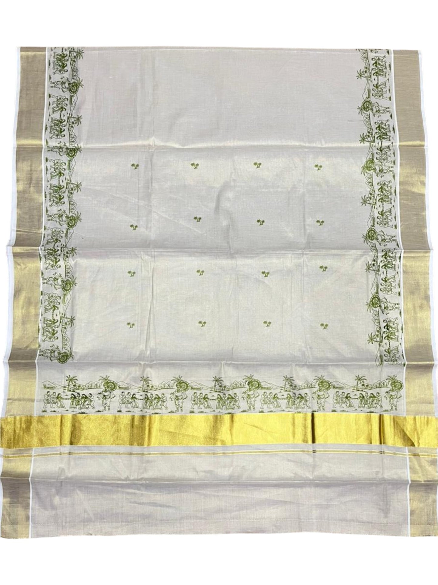 Southloom Tissue Kerala Kasavu Saree with Onam Digital Print on Body and Border in Olive Green SL495