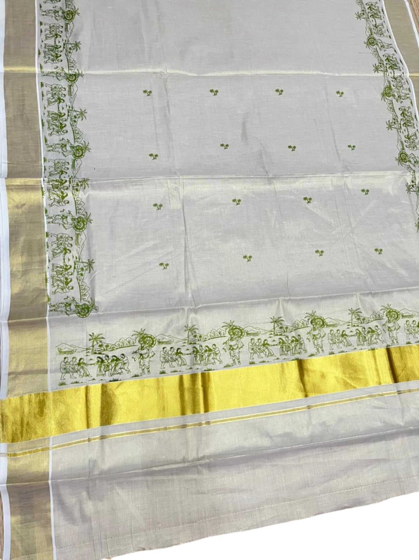 Southloom Tissue Kerala Kasavu Saree with Onam Digital Print on Body and Border in Olive Green SL495