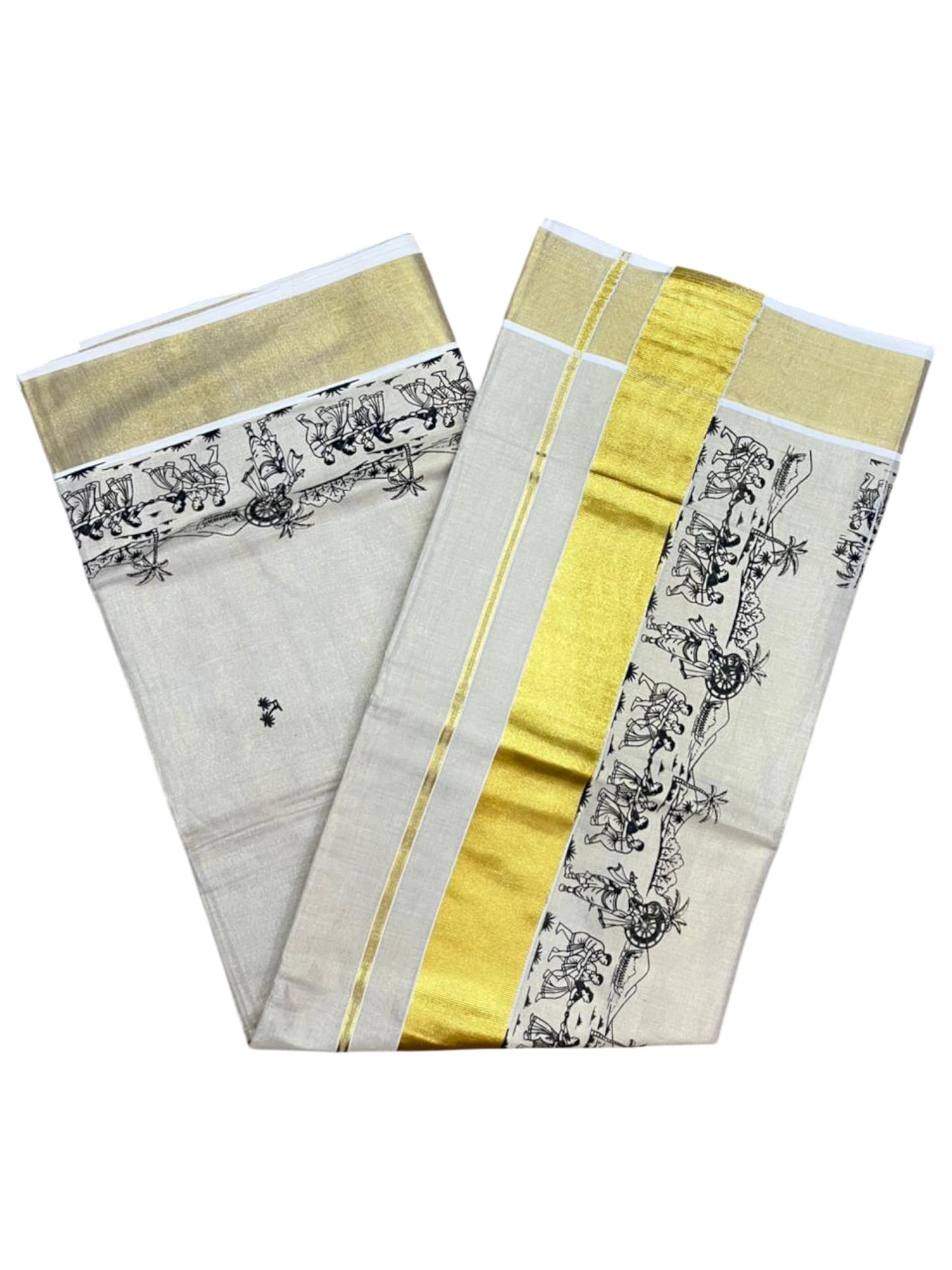 Southloom Tissue Kerala Kasavu Saree with Onam Digital Print on Body and Border in Black SL495