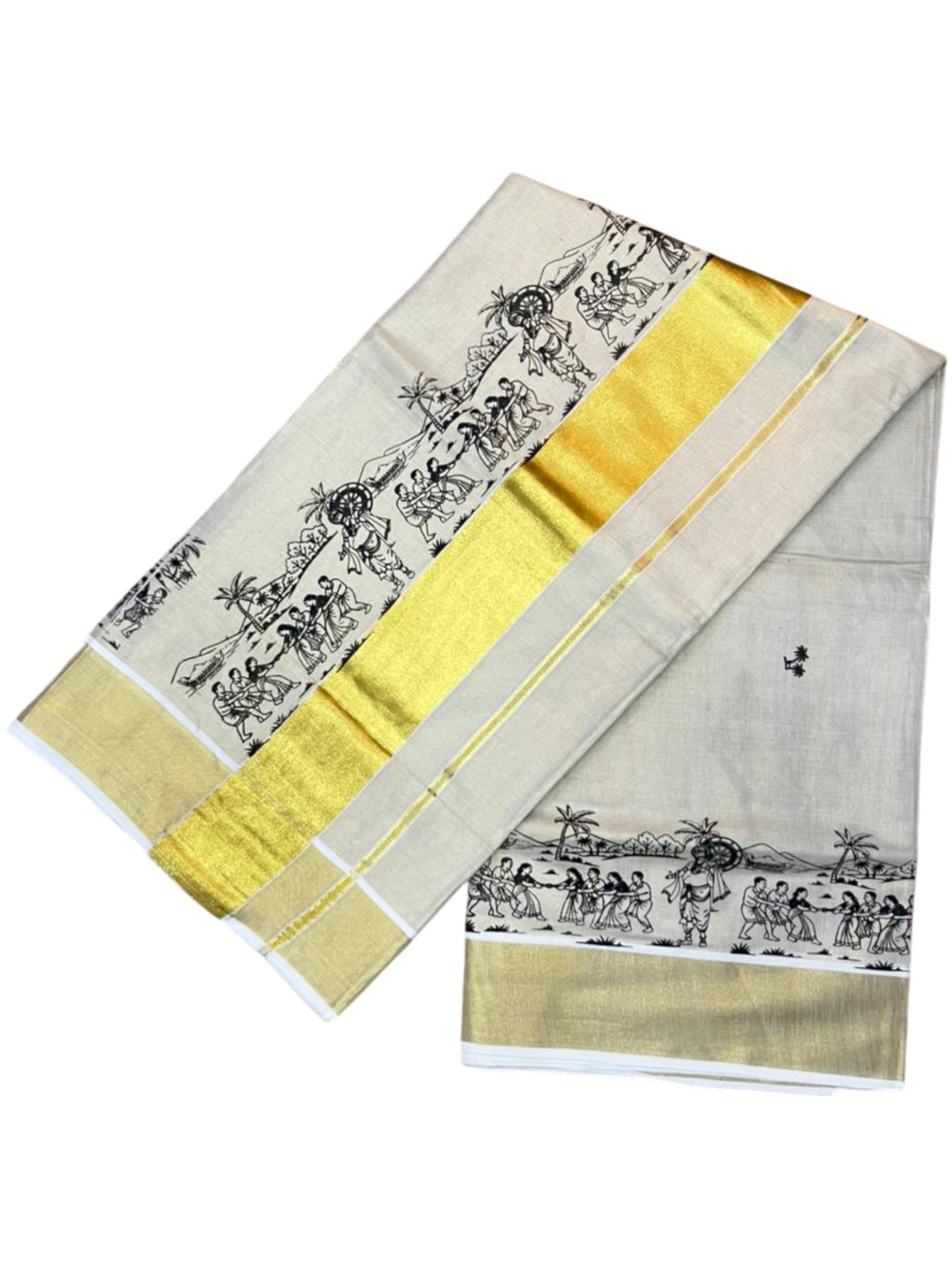 Southloom Tissue Kerala Kasavu Saree with Onam Digital Print on Body and Border in Black SL495