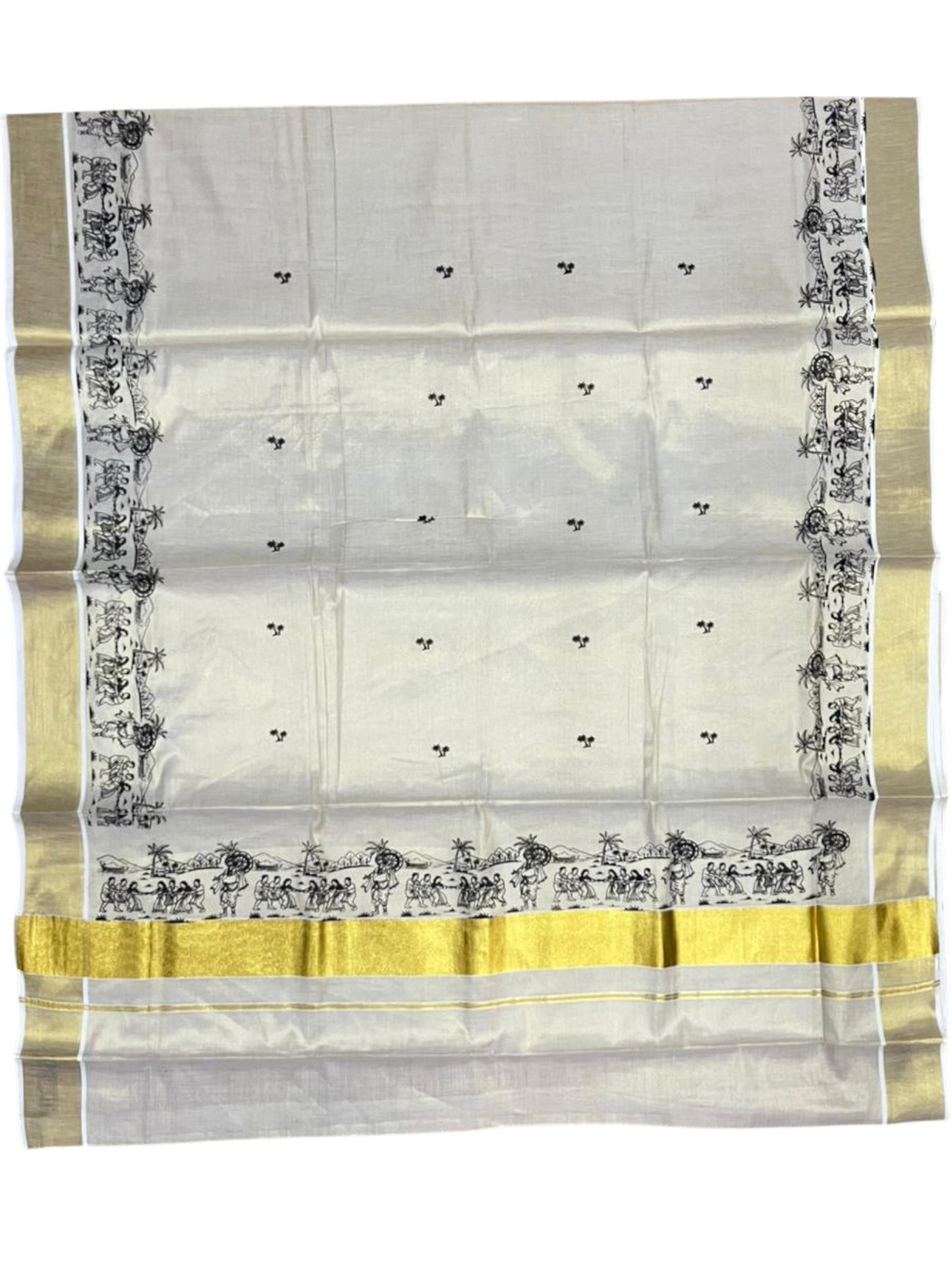 Southloom Tissue Kerala Kasavu Saree with Onam Digital Print on Body and Border in Black SL495