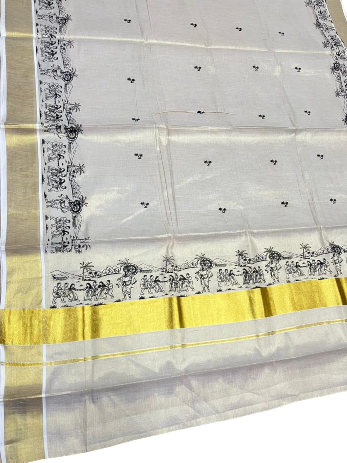 Southloom Tissue Kerala Kasavu Saree with Onam Digital Print on Body and Border in Black SL495