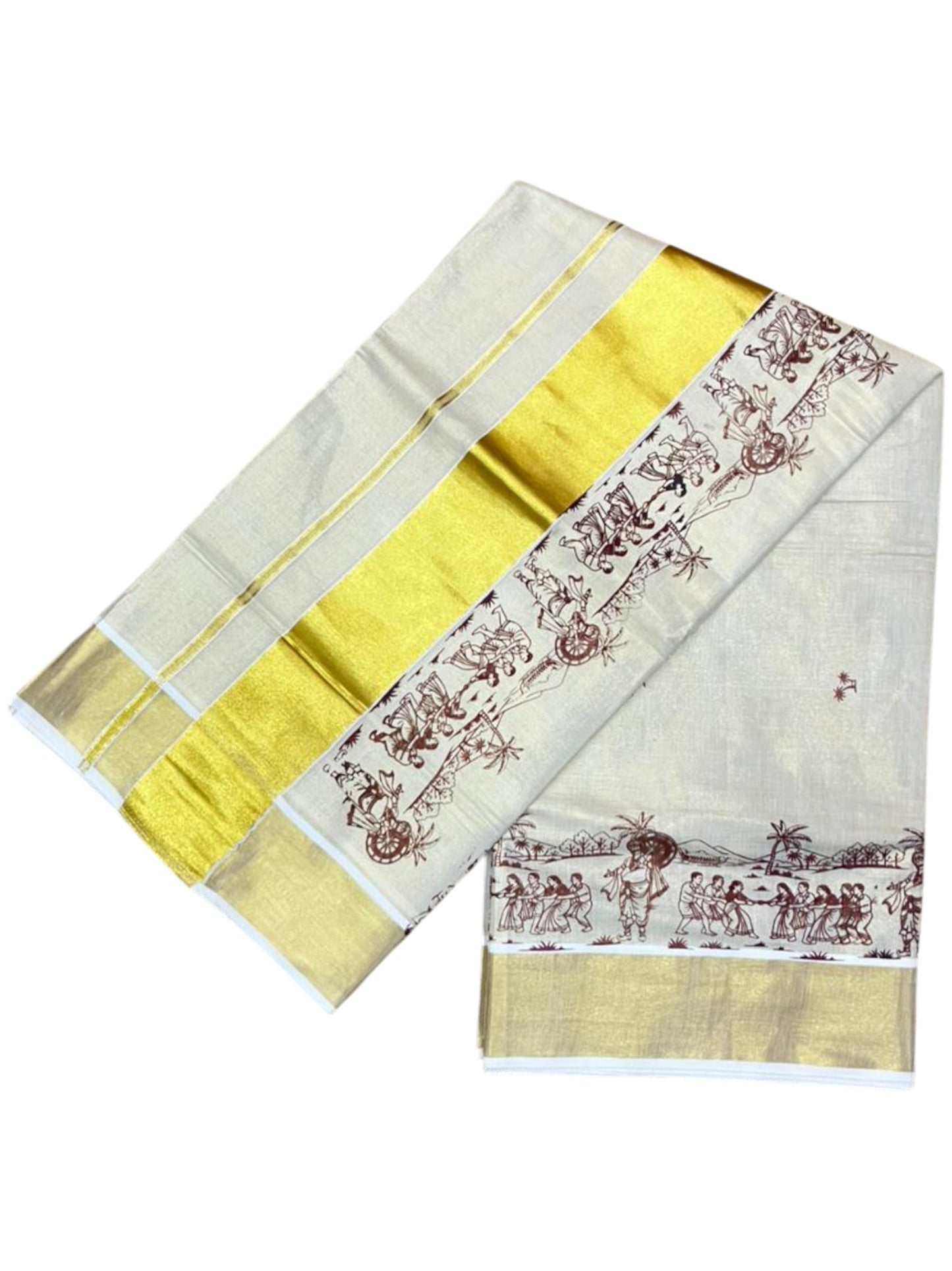 Southloom Tissue Kerala Kasavu Saree with Onam Digital Print on Body and Border in Brown SL495