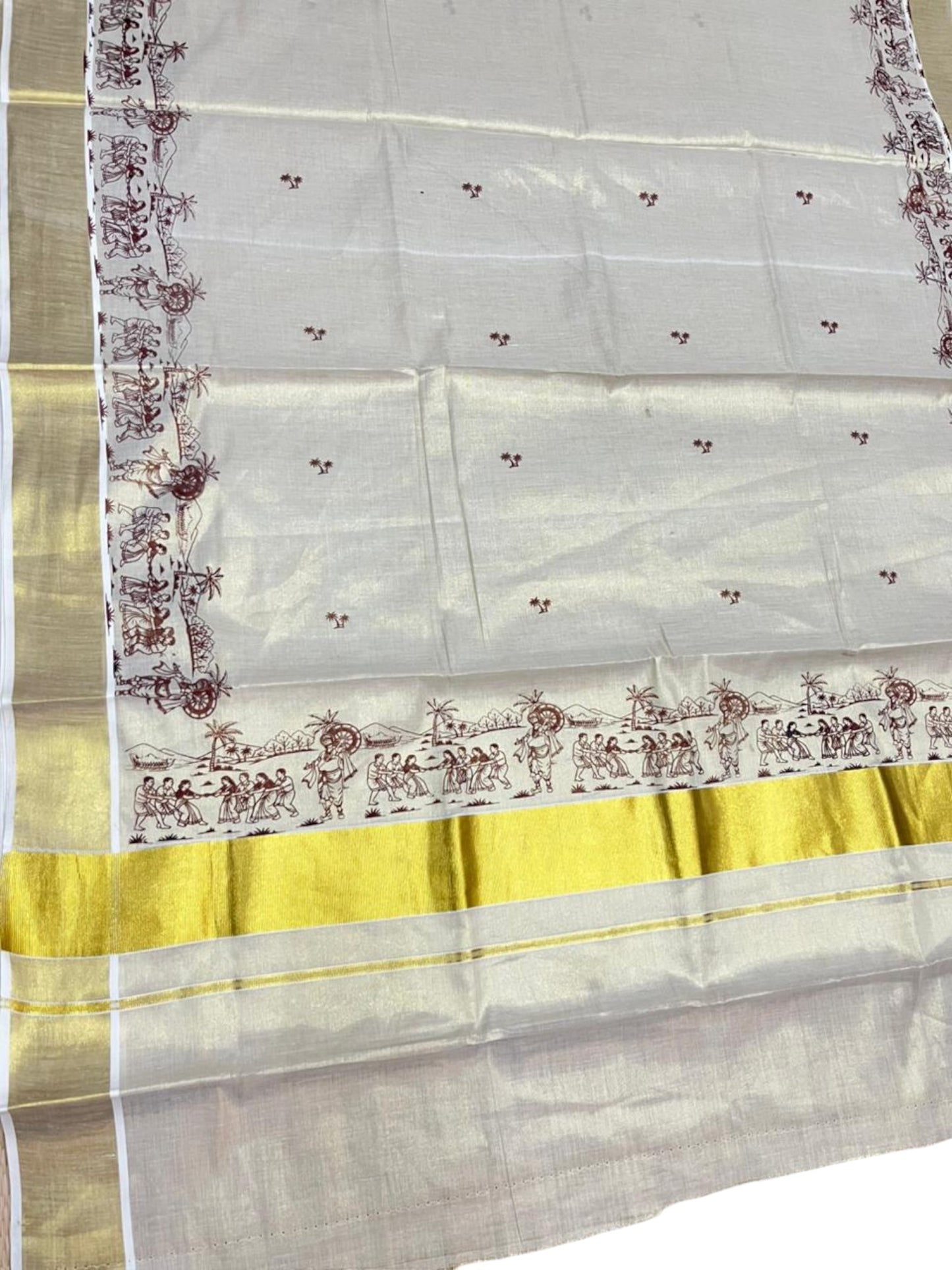 Southloom Tissue Kerala Kasavu Saree with Onam Digital Print on Body and Border in Brown SL495