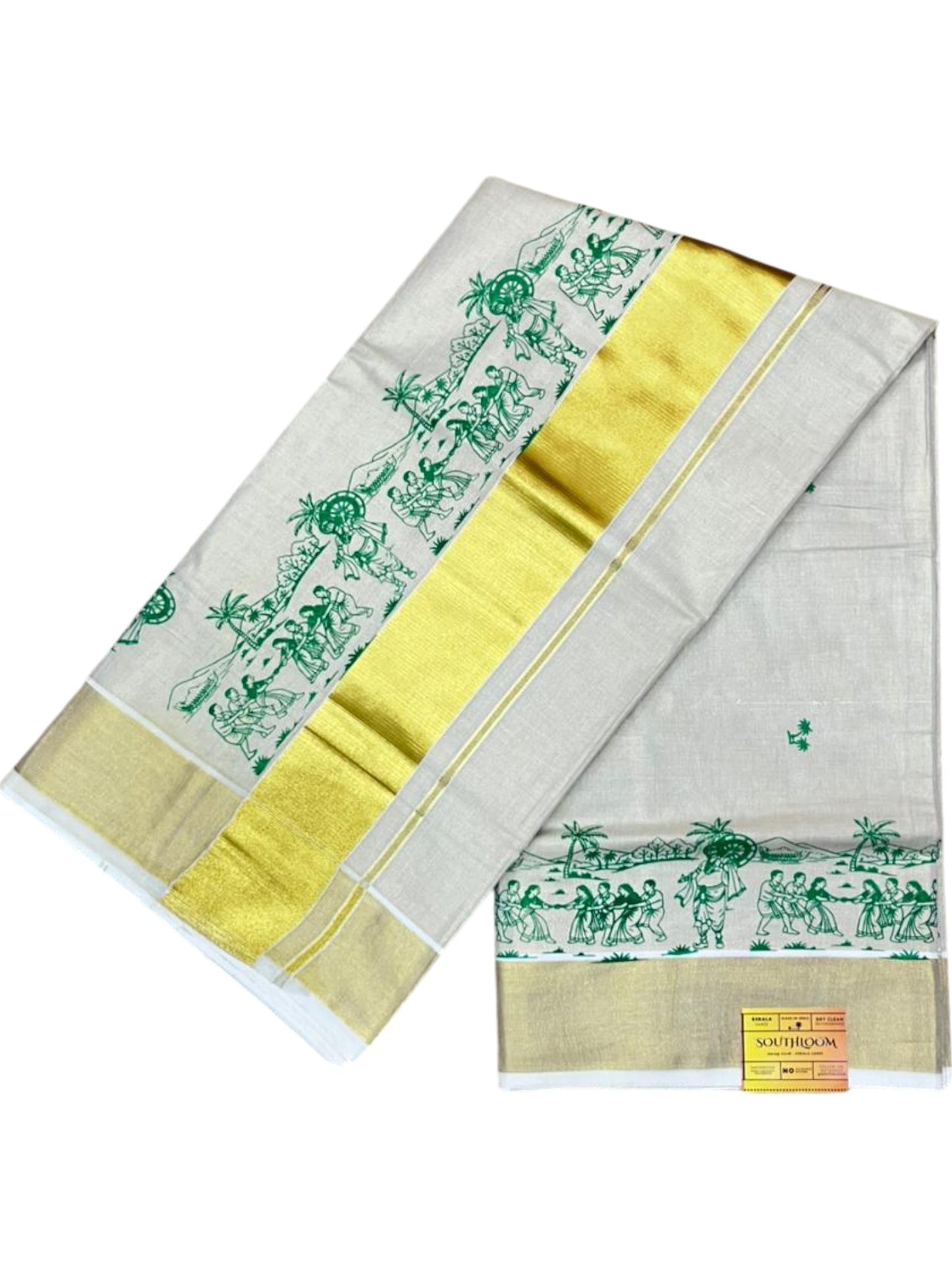 Southloom Tissue Kerala Kasavu Saree with Onam Digital Print on Body and Border in Green SL495