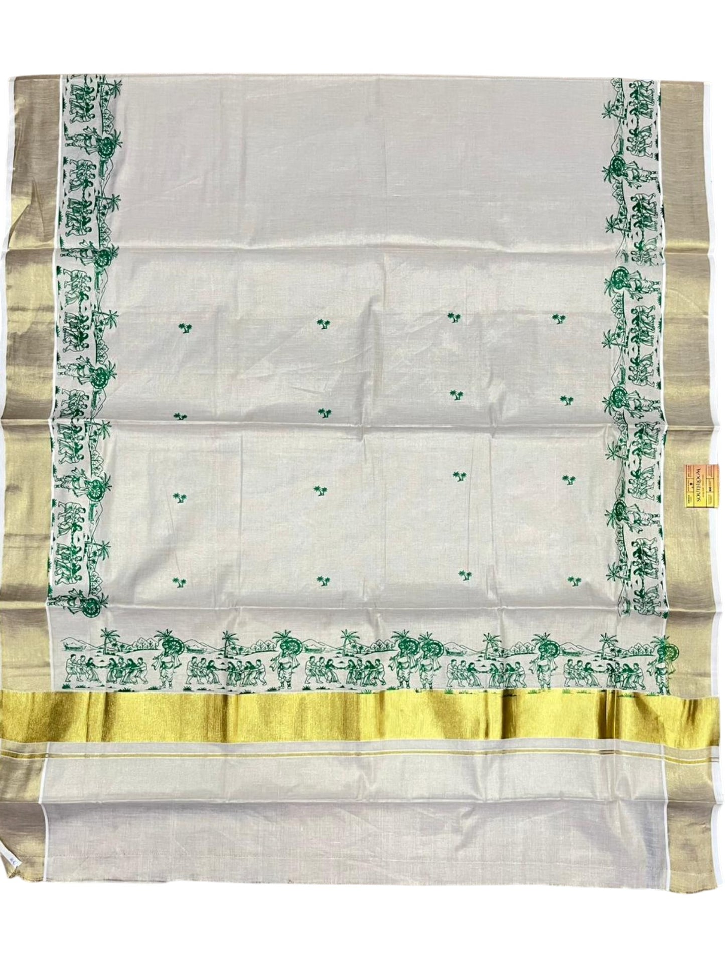 Southloom Tissue Kerala Kasavu Saree with Onam Digital Print on Body and Border in Green SL495