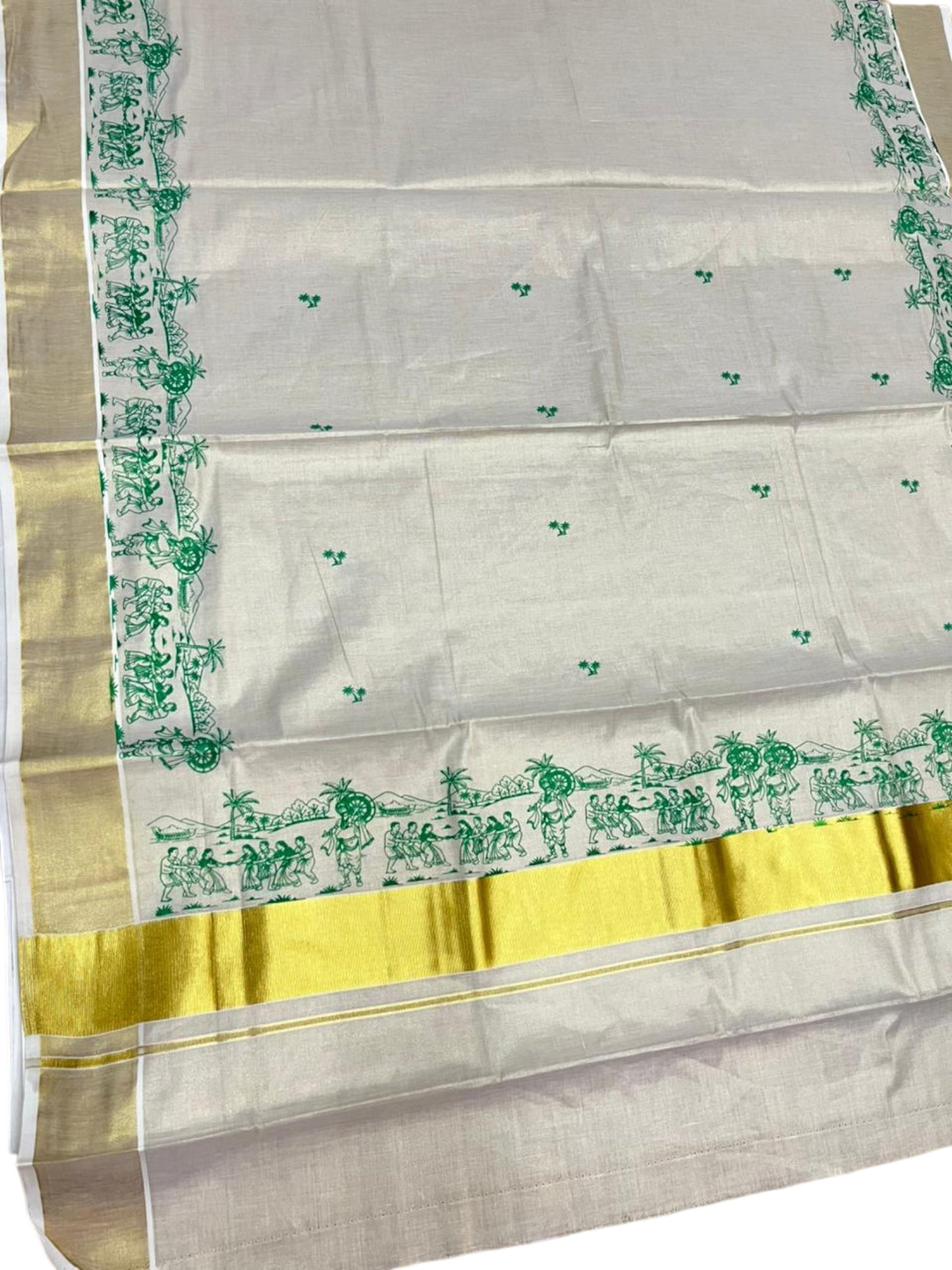 Southloom Tissue Kerala Kasavu Saree with Onam Digital Print on Body and Border in Green SL495